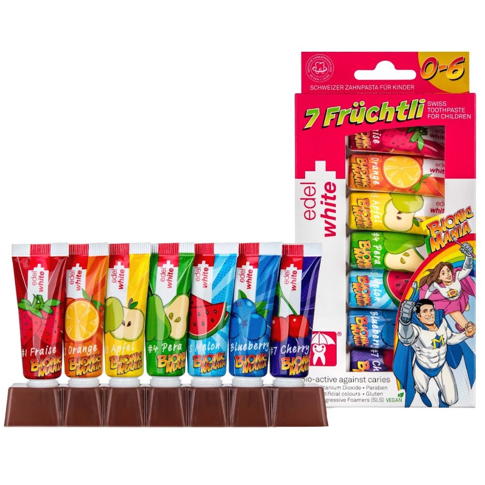 Edel White Edel White Bionic Mania 7 Fruity Toothpaste Παιδική Οδοντόκρεμα με 7 Γεύσεις Φρούτων 7 Τεμάχια