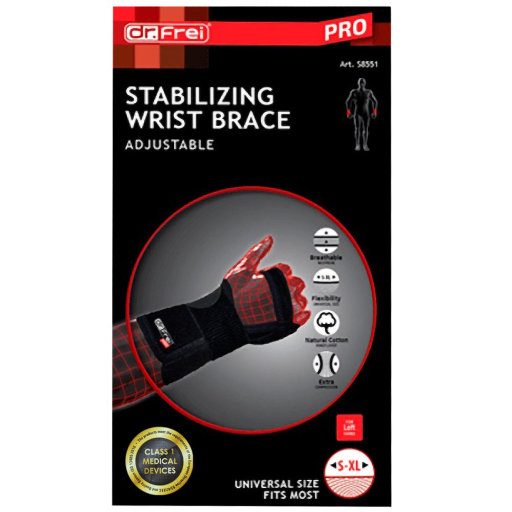 Dr. Frei Stabilizing Wrist Brace Adjustable Ρυθμιζόμενος Νάρθηκας Καρπού Μαύρο One Size 1 Τεμάχιο – Αριστερό
