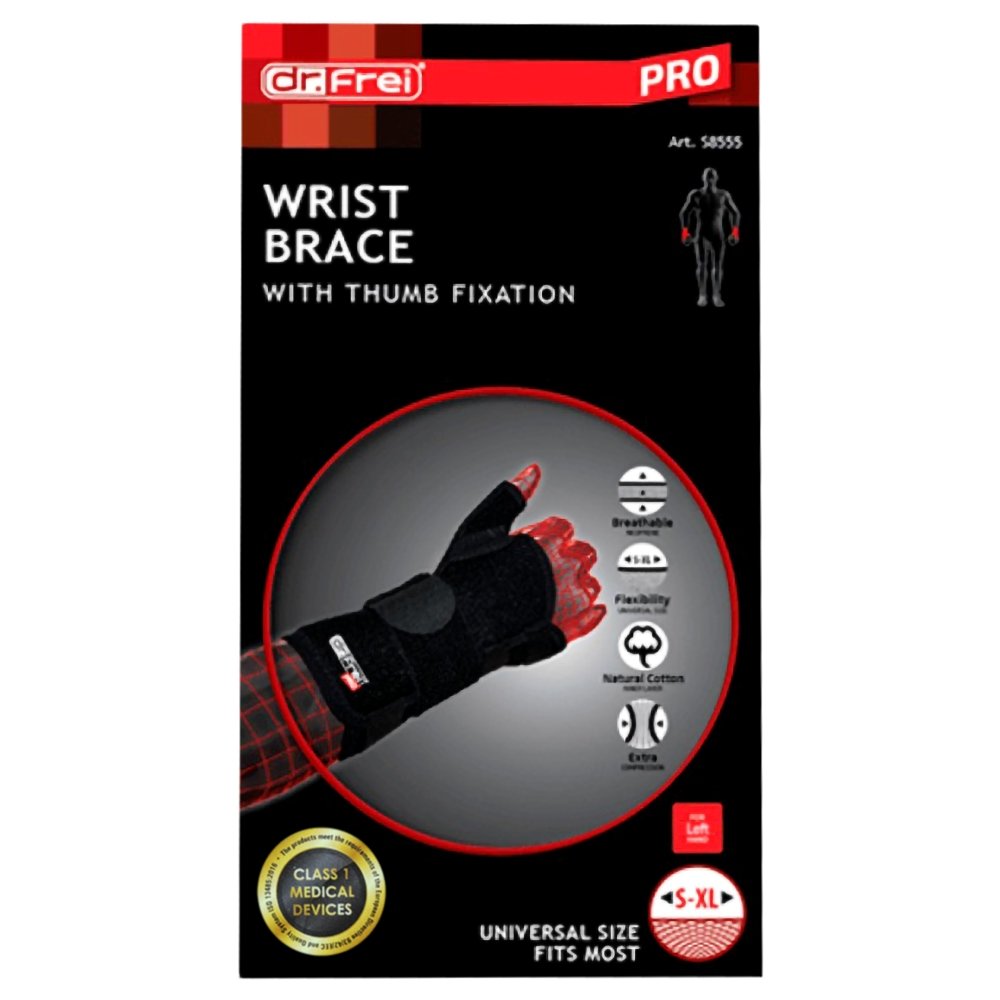 Dr. Frei Wrist Brace with Thumb Fixation Νάρθηκας Καρπού με Στήριξη στον Αντίχειρα Μαύρο One Size 1 Τεμάχιο – Αριστερό