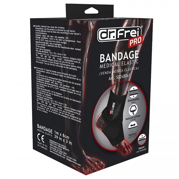 Dr. Frei Bandage Medical Elastic Ελαστικός Επίδεσμος με Σύστημα Velcro Μαύρο 1 Τεμάχιο – 1m x 8cm