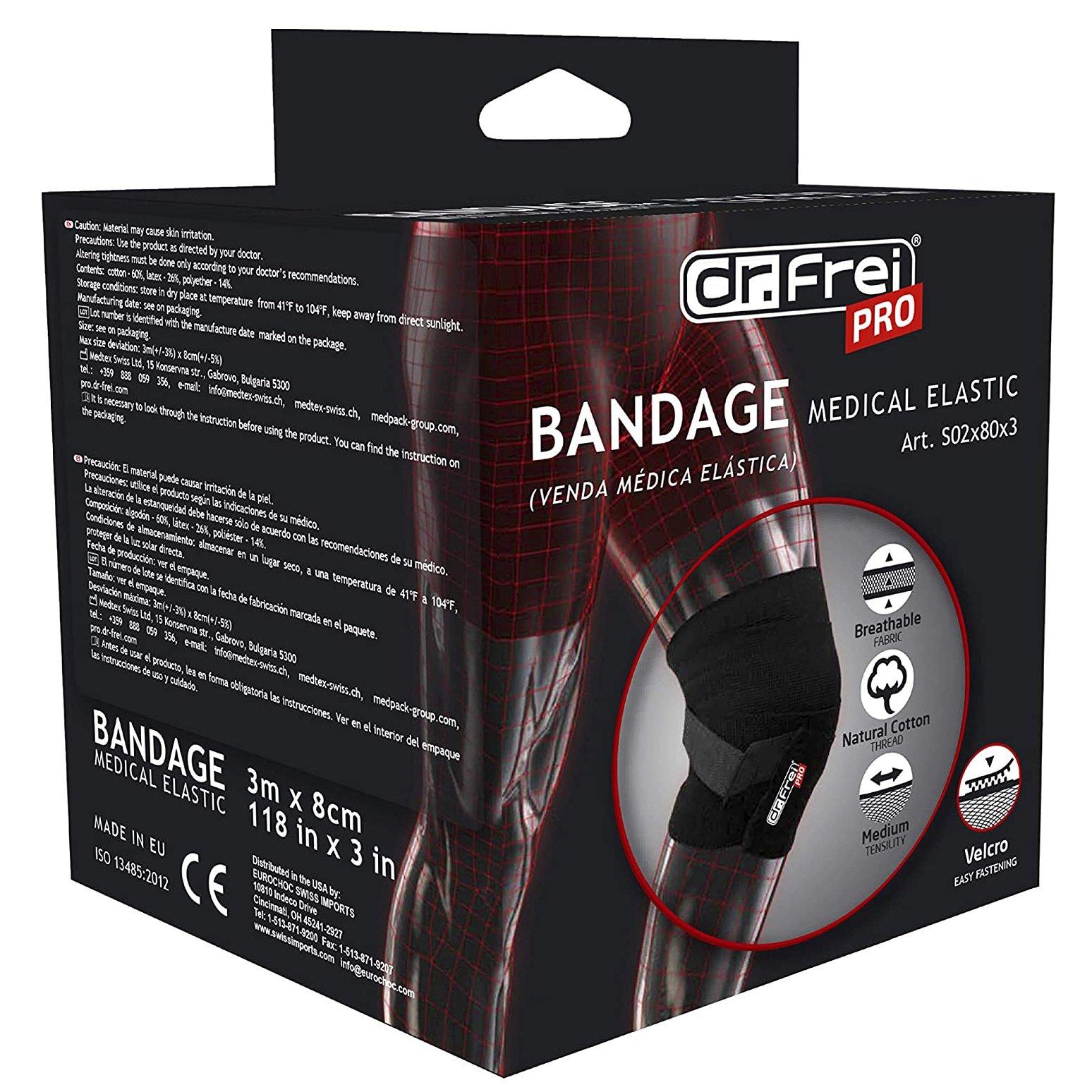 Dr. Frei Bandage Medical Elastic Ελαστικός Επίδεσμος με Σύστημα Velcro Μαύρο 1 Τεμάχιο – 3m x 8cm