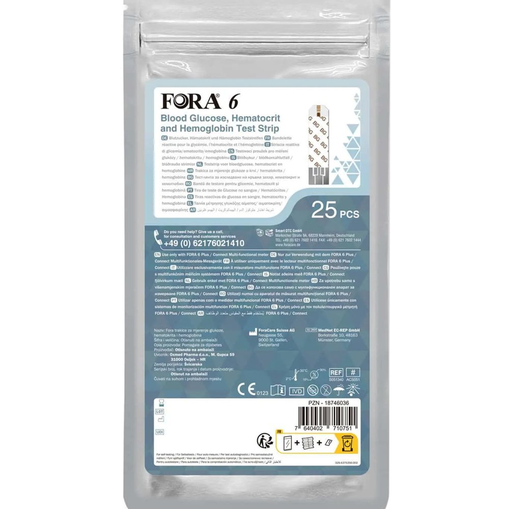 Fora 6 Blood Glucose, Hematocrit & Hemoglobin Test Strips Ταινίες Μέτρησης Γλυκόζης, Αιματοκρίτη & Αιμοσφαιρίνης στο Αίμα 25 Τεμάχια