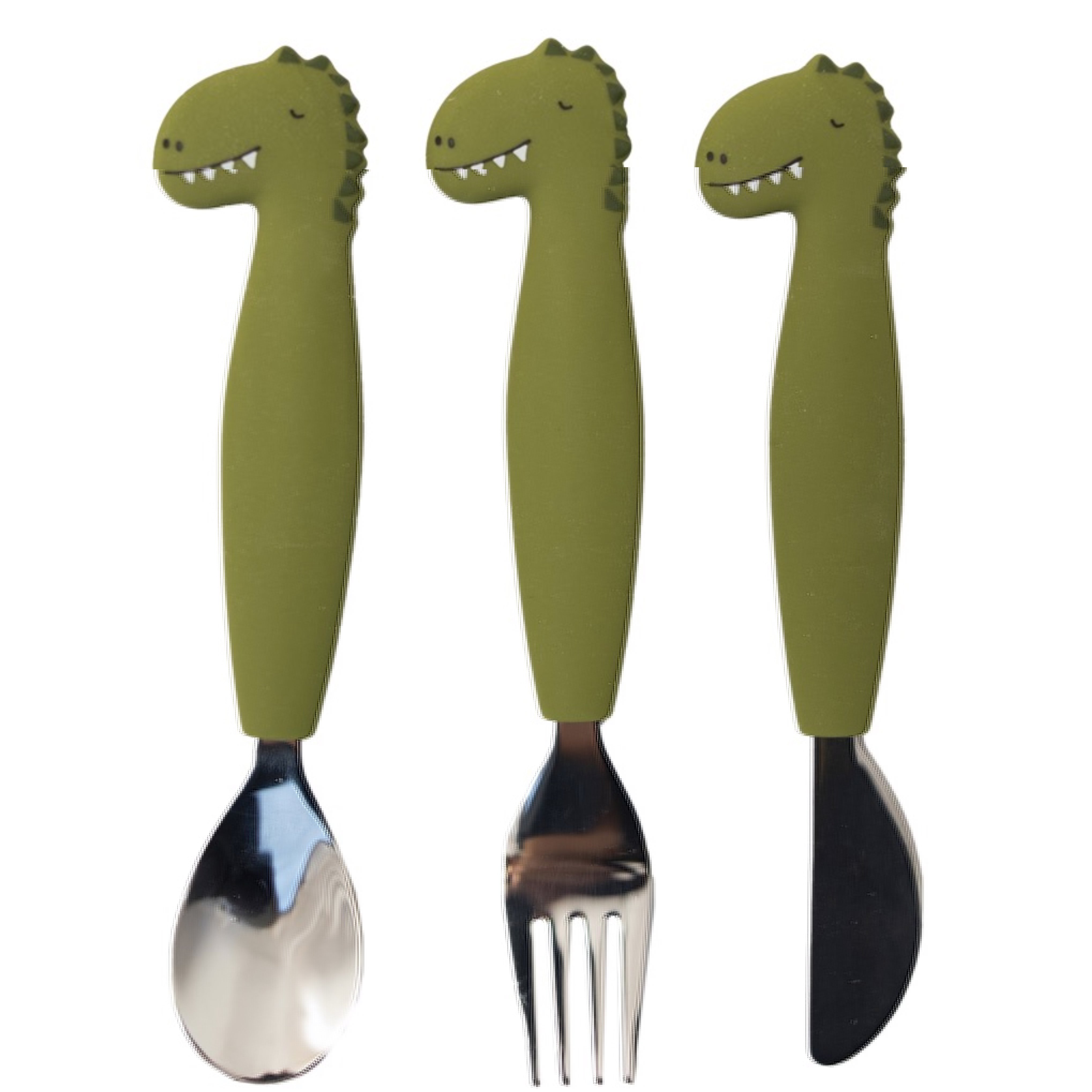 Trixie Trixie Silicone Cutlery Set 12m+, Παιδικό Εκπαιδευτικό Σετ Φαγητού με Κουτάλι, Πιρούνι & Μαχαίρι 3 Τεμάχια - Mr. Dino