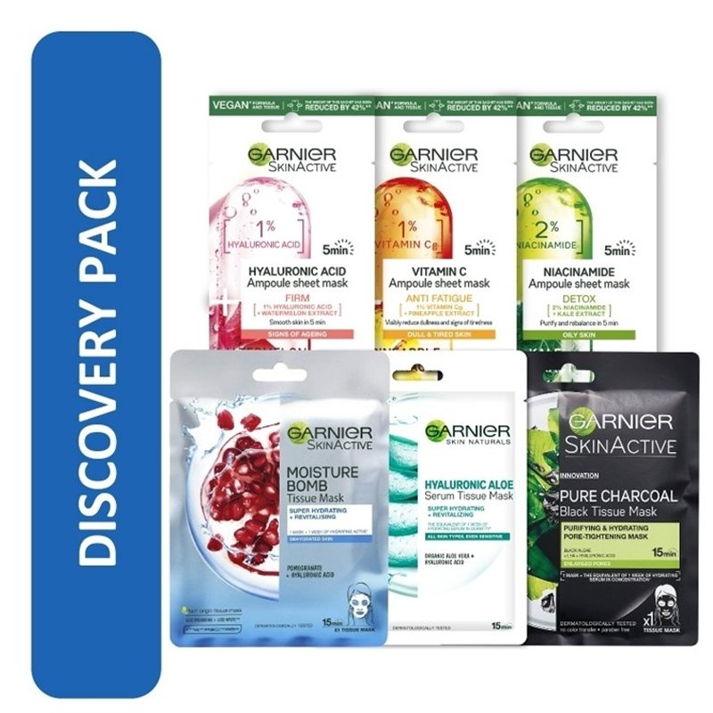 Garnier Πακέτο Περιποίησης Discovery Tissue Mask Σετ Ολοκληρωμένης Φροντίδας της Επιδερμίδας 6 x Tissue Mask
