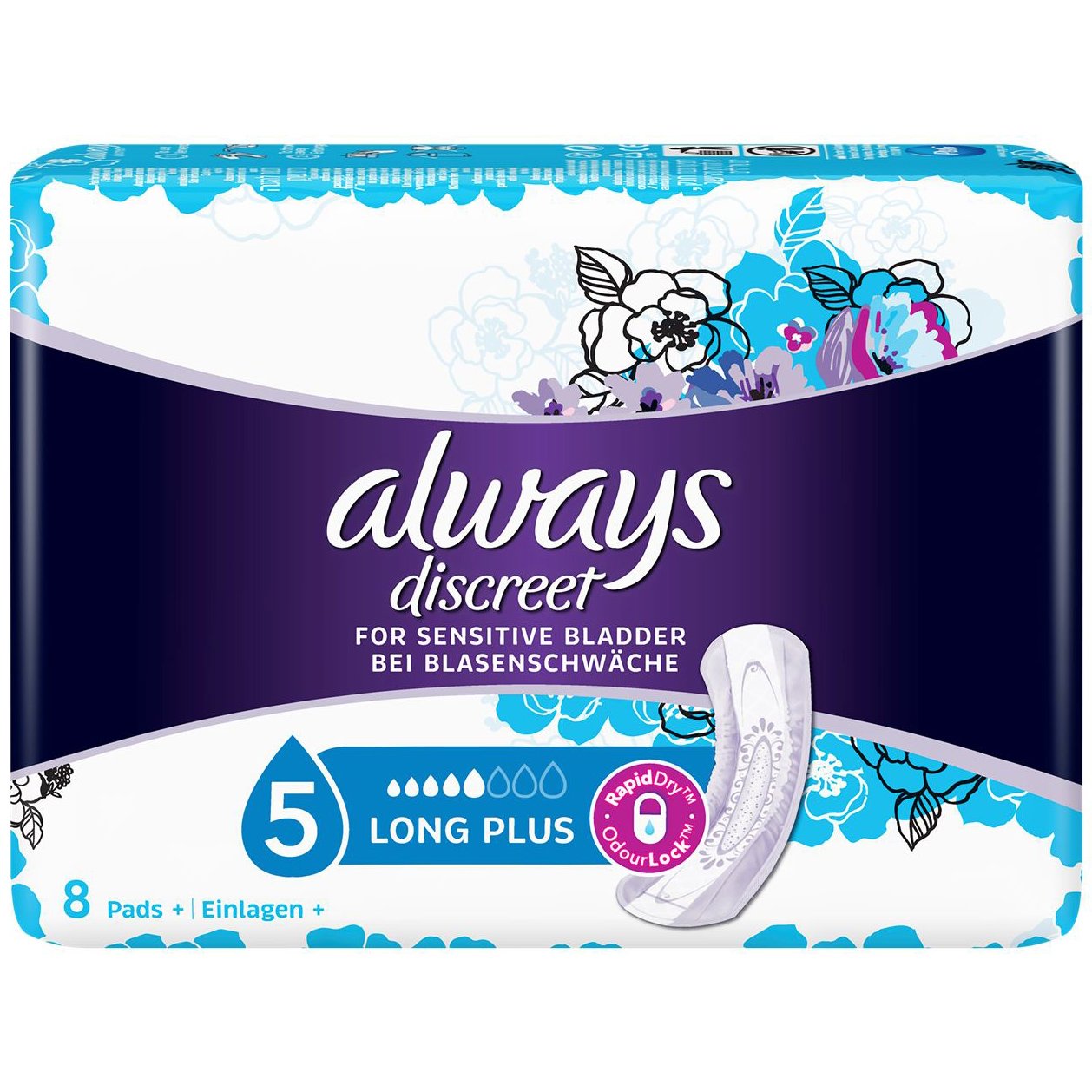 Always Discreet for Sensitive Bladder Long Plus Pads Σερβιέτες Ακράτειας για Πολύ Μεγάλη Ένταση 8 Τεμάχια