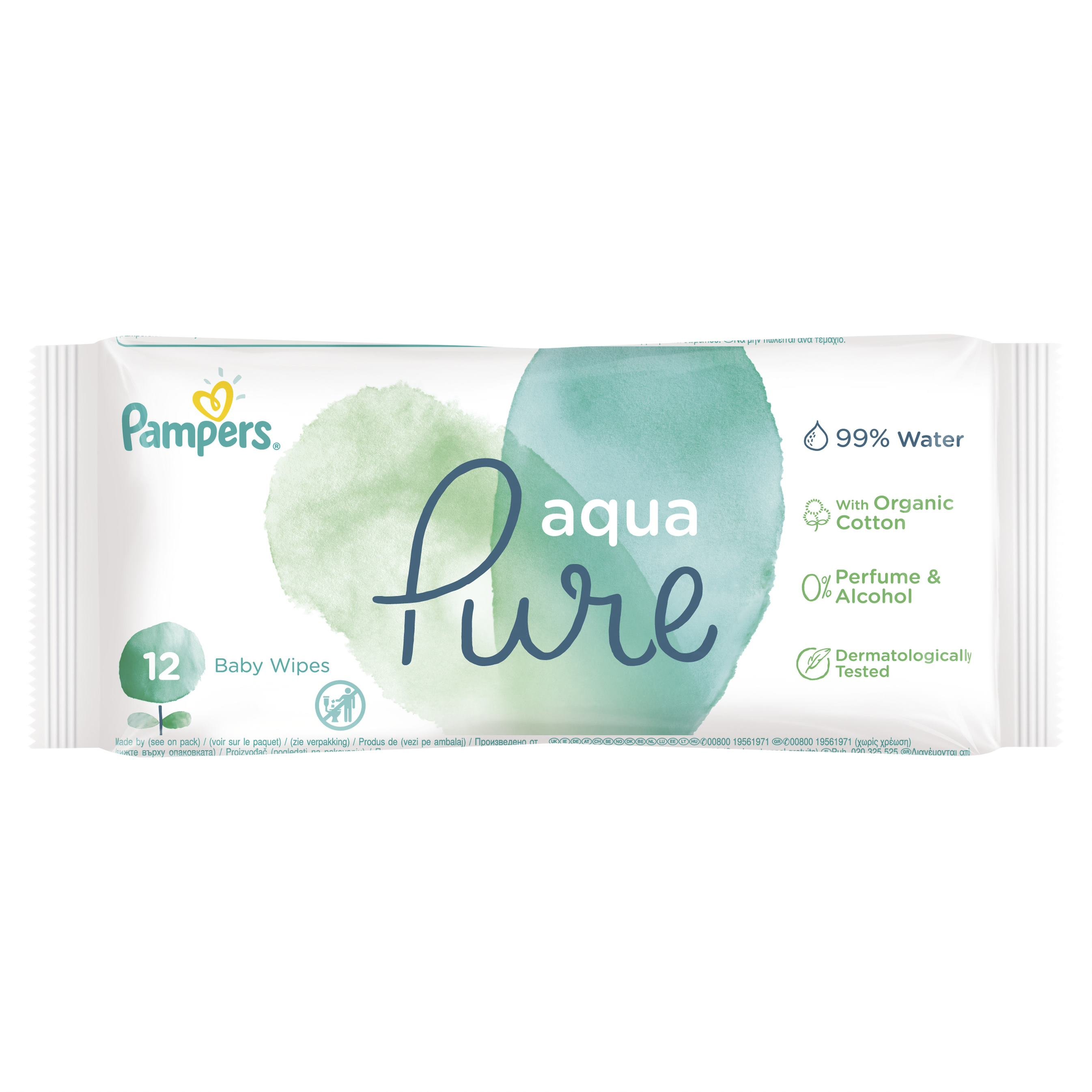 Pampers Travel Size Aqua Pure Wipes Μωρομάντηλα από Βιολογικό Βαμβάκι & 99% Καθαρό Νερό 12 Baby Wipes