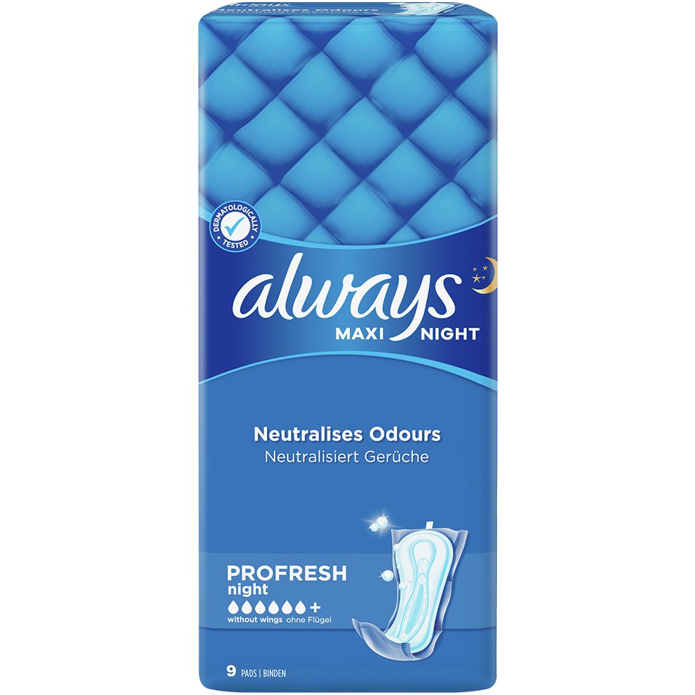 Always Always Maxi Night Profresh Pads Size 3 Σερβιέτες Μεγάλου Μεγέθους με Τεχνολογία Εξουδετέρωσης Οσμών για Άνεση & Προστασία Όλη τη Νύχτα 9 Τεμάχια