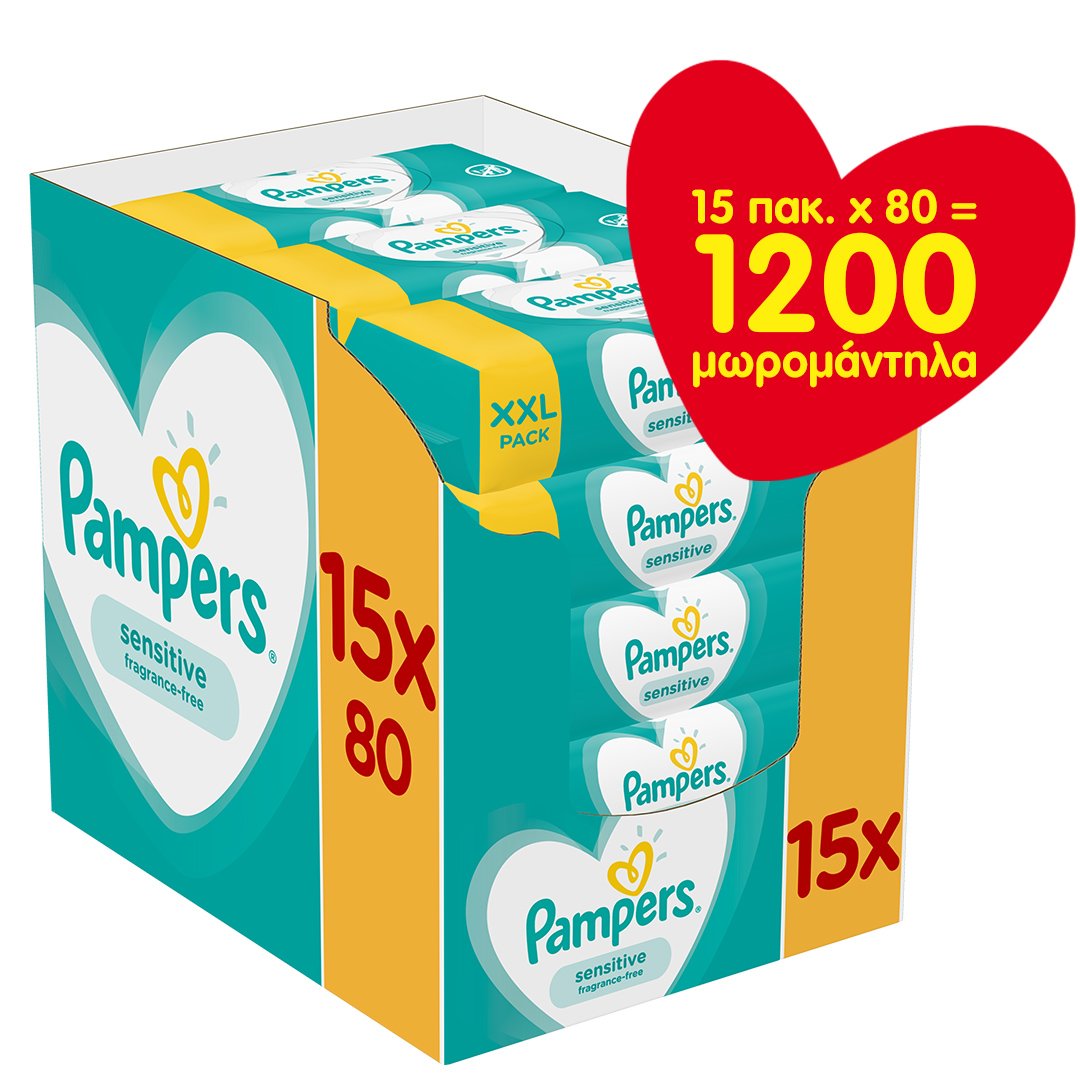 Pampers Πακέτο Προσφοράς Sensitive Wipes Μωρομάντηλα Ιδανικά για την Ευαίσθητη Επιδερμίδα 1200 Τεμάχια (15×80 Τεμάχια)