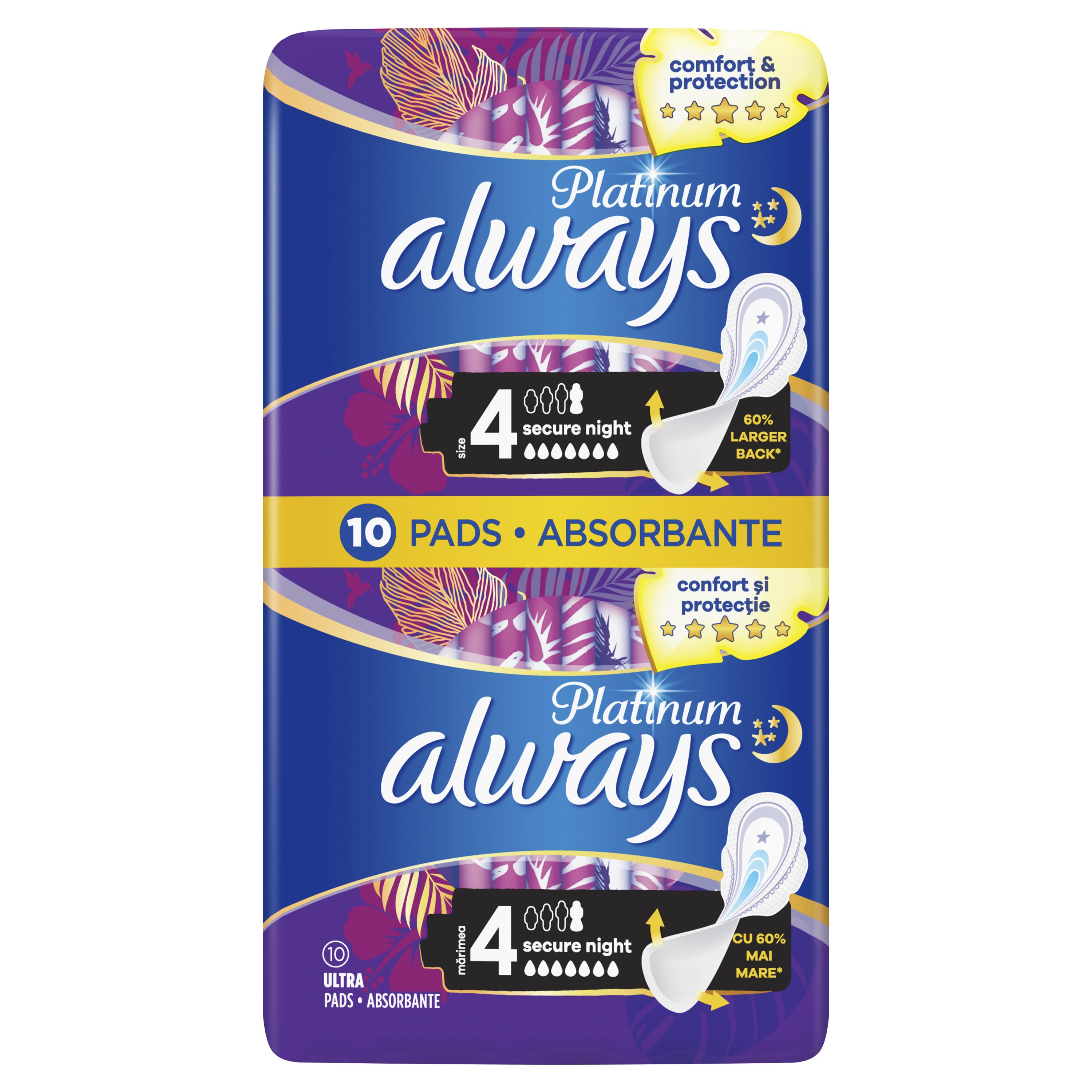 Always Platinum Ultra Secure Night With Winds Μέγεθος 4, Σερβιέτες με Φτερά για Μεγάλη Ροή 10 Τεμάχια