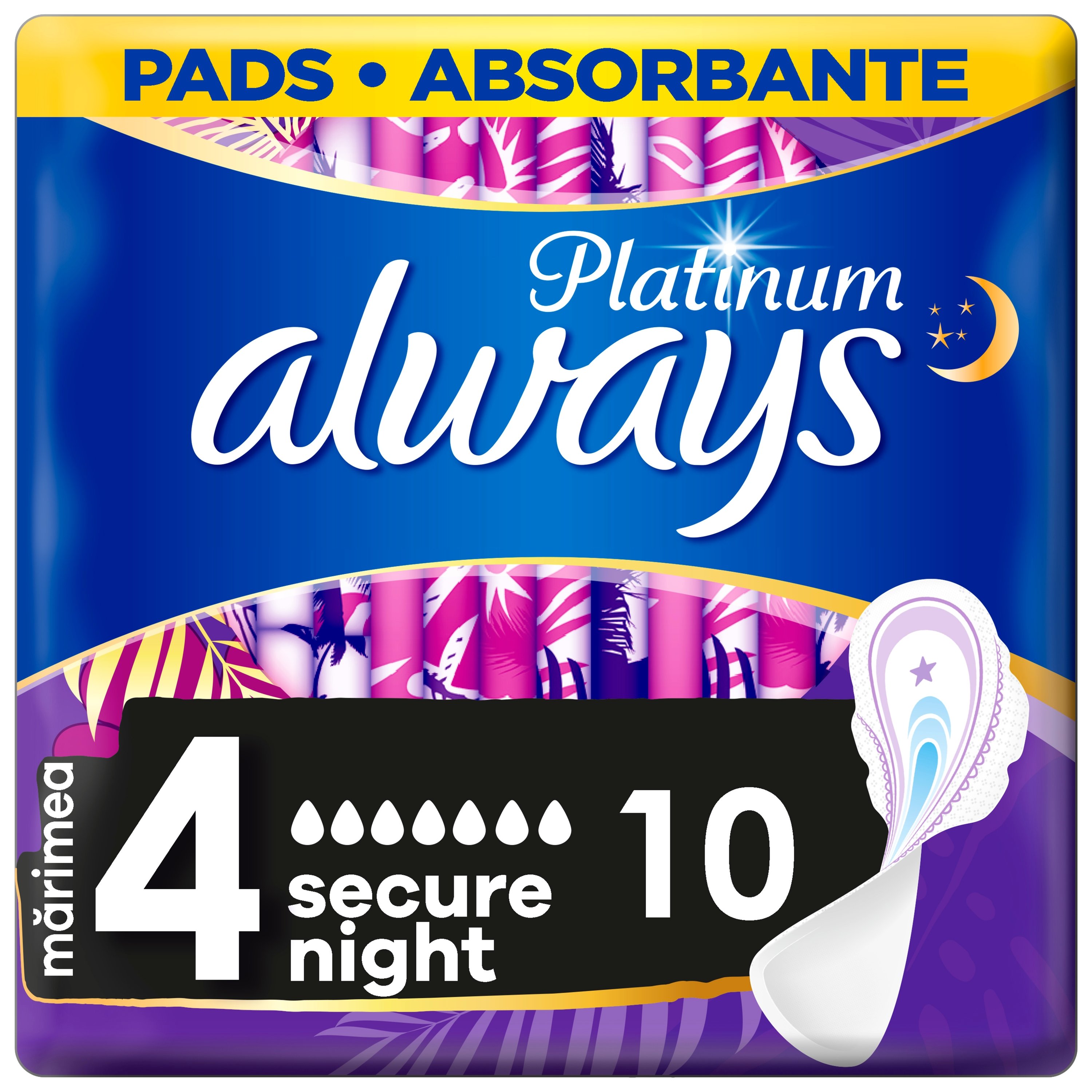 Always Platinum Ultra Secure Night With Winds Μέγεθος 4, Σερβιέτες με Φτερά για Μεγάλη Ροή 10 Τεμάχια