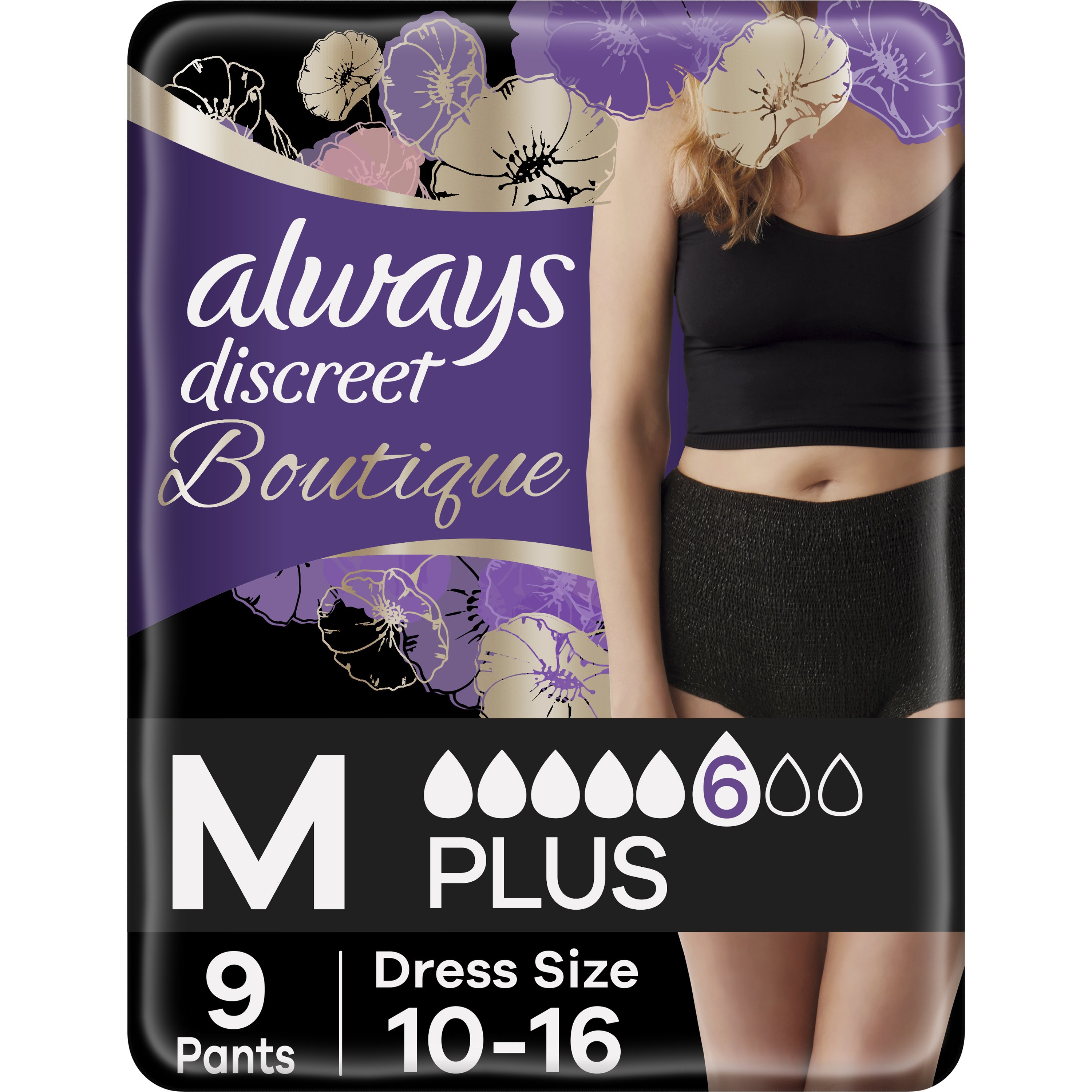 Always Discreet Boutique Pants No 6 Plus Εσώρουχο Μιας Χρήσης για την Ακράτεια Μαύρο 9 Τεμάχια – Medium (36-44)