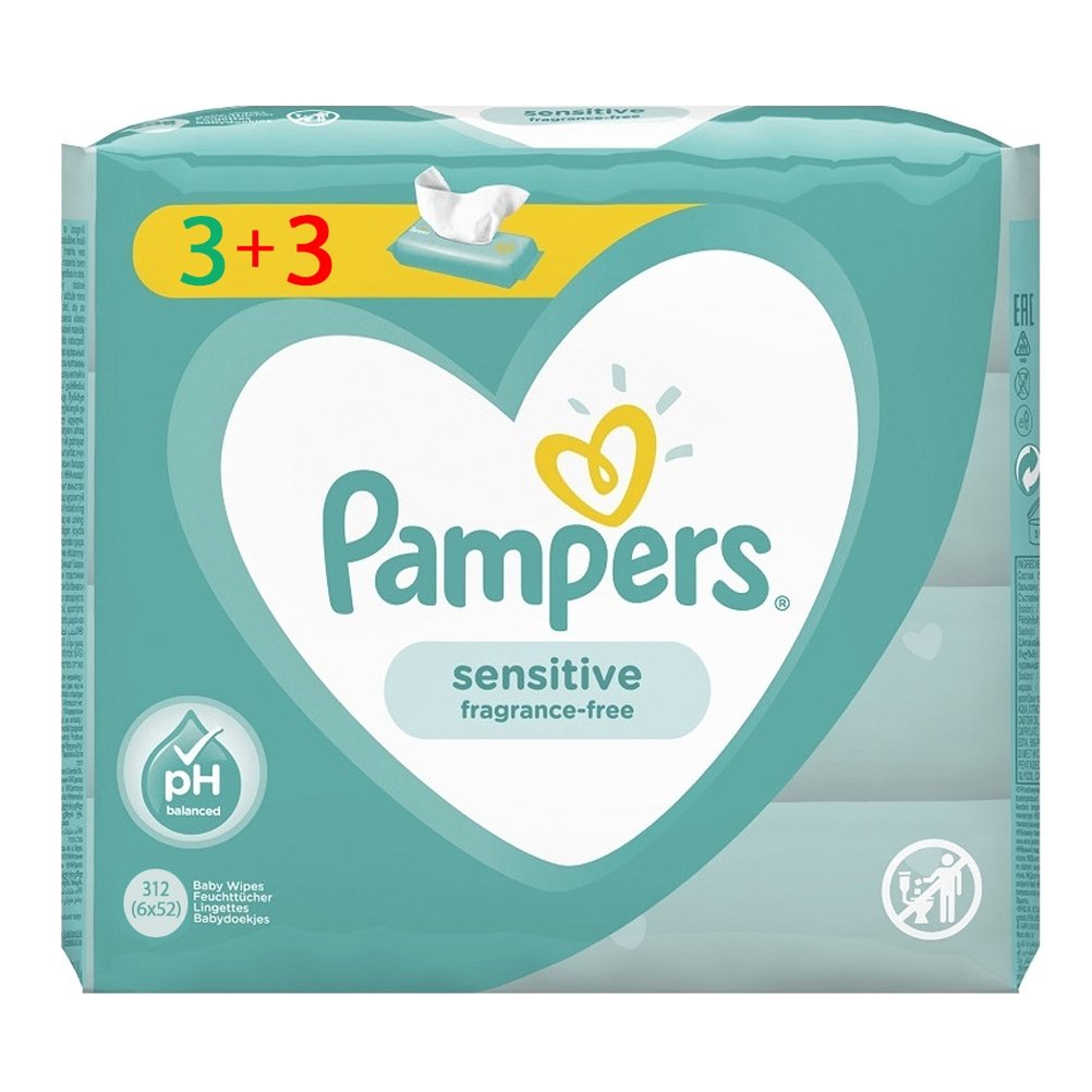 Pampers Πακέτο Προσφοράς Sensitive Wipes Μωρομάντηλα Ιδανικά για την Ευαίσθητη Επιδερμίδα 6×52 Τεμάχια