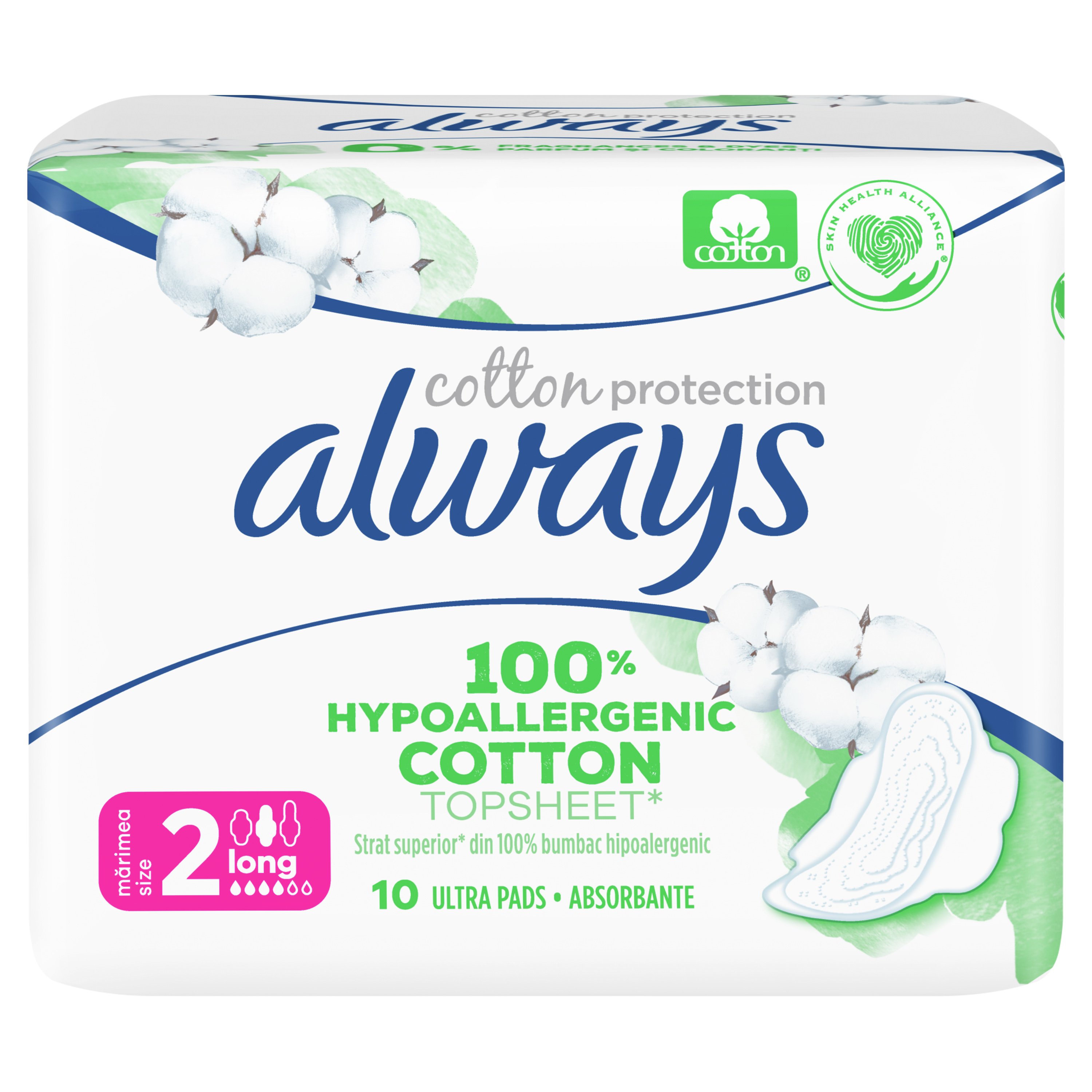 Always Cotton Protection Long Σερβιέτες με Φτερά & Κάλυμμα από 100% Οργανικό Βαμβάκι για Μεγάλη Ροή 10 Pads