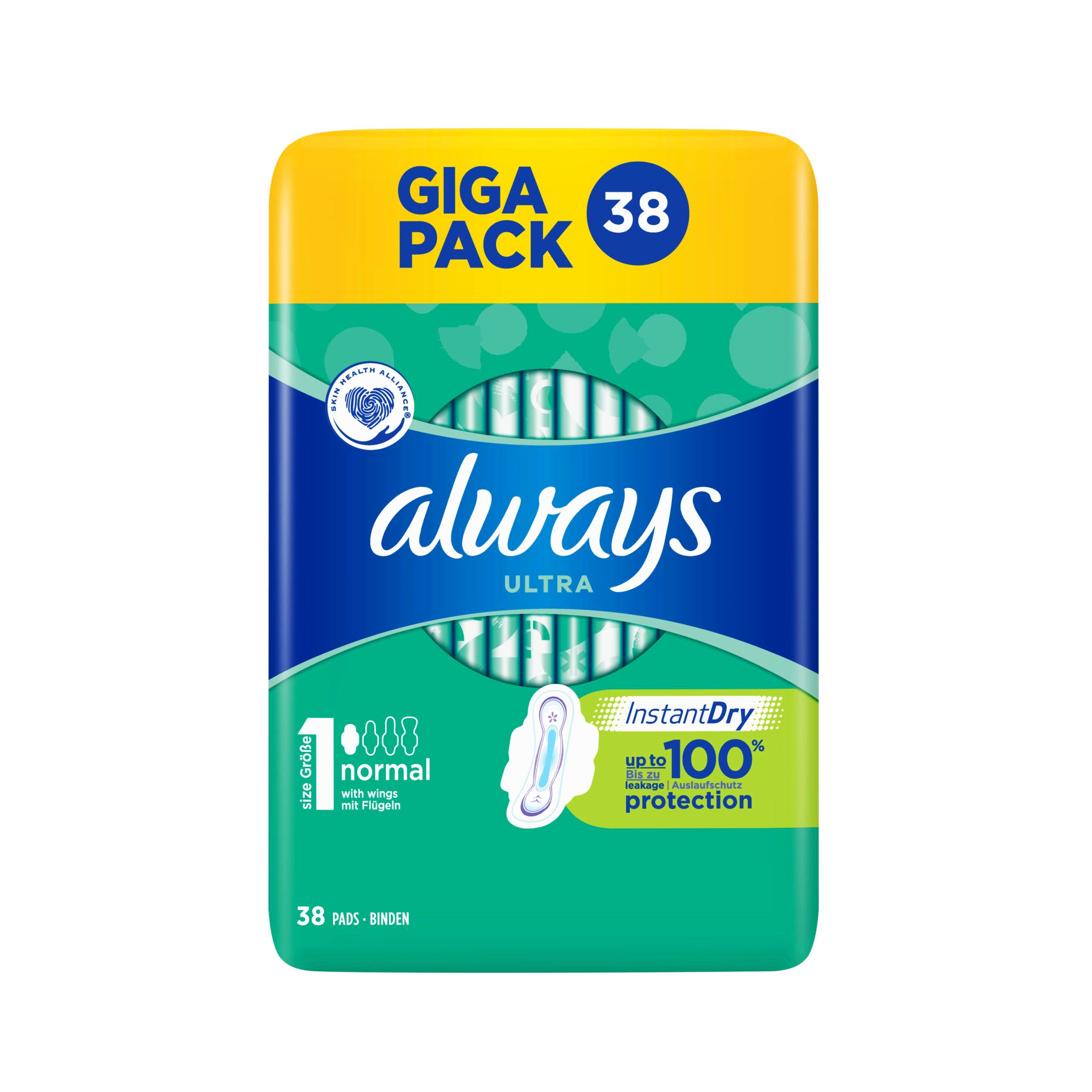 Always Ultra Size 1 Normal Instant Dry up to 100% Protection Απορροφούν τα Υγρά στη Στιγμή -45% Φθηνότερα 38τμχ