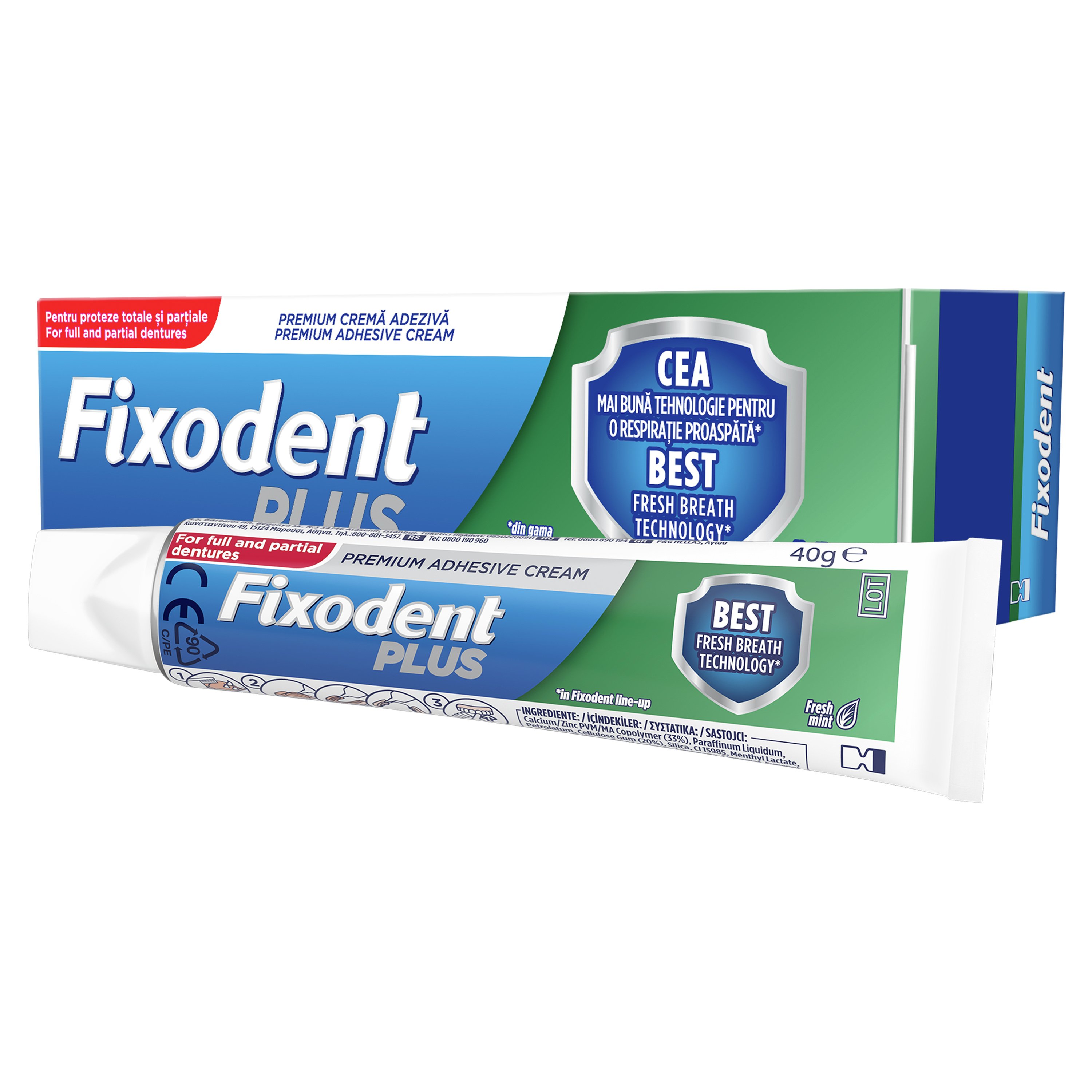 Fixodent Plus Best Fresh Breath Technology Στερεωτική Κρέμα για Τεχνητές Οδοντοστοιχίες, Κατά της Δυσάρεστης Αναπνοής 40gr
