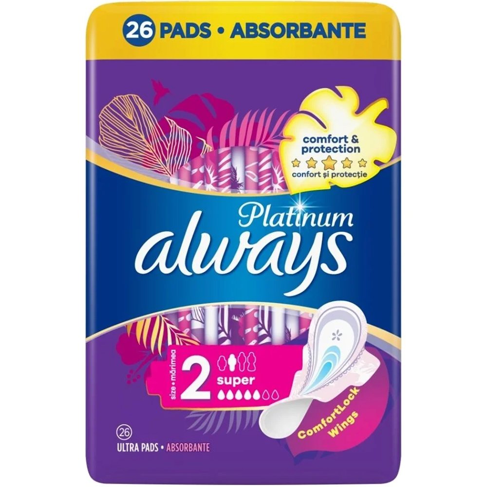 Always Platinum Sanitary Towels with Comfort Lock Wings Size 2 Σερβιέτες Μεγάλου Μεγέθους με Φτερά για Άνεση & Προστασία 26 Τεμάχια