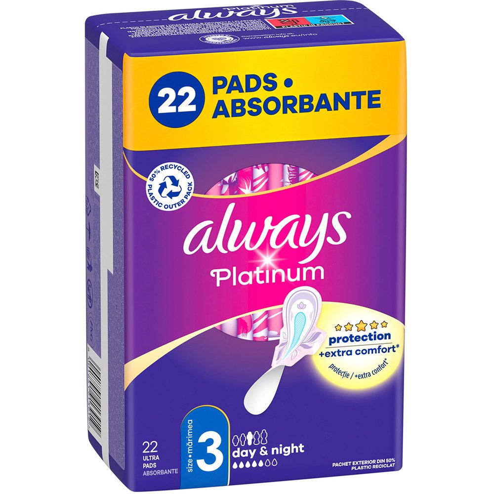 Always Always Platinum Day & Night Pads Size 3 Σερβιέτες Μεγάλου Μεγέθους με Φτερά για Άνεση & Προστασία Μέρα & Νύχτα 22 Τεμάχια