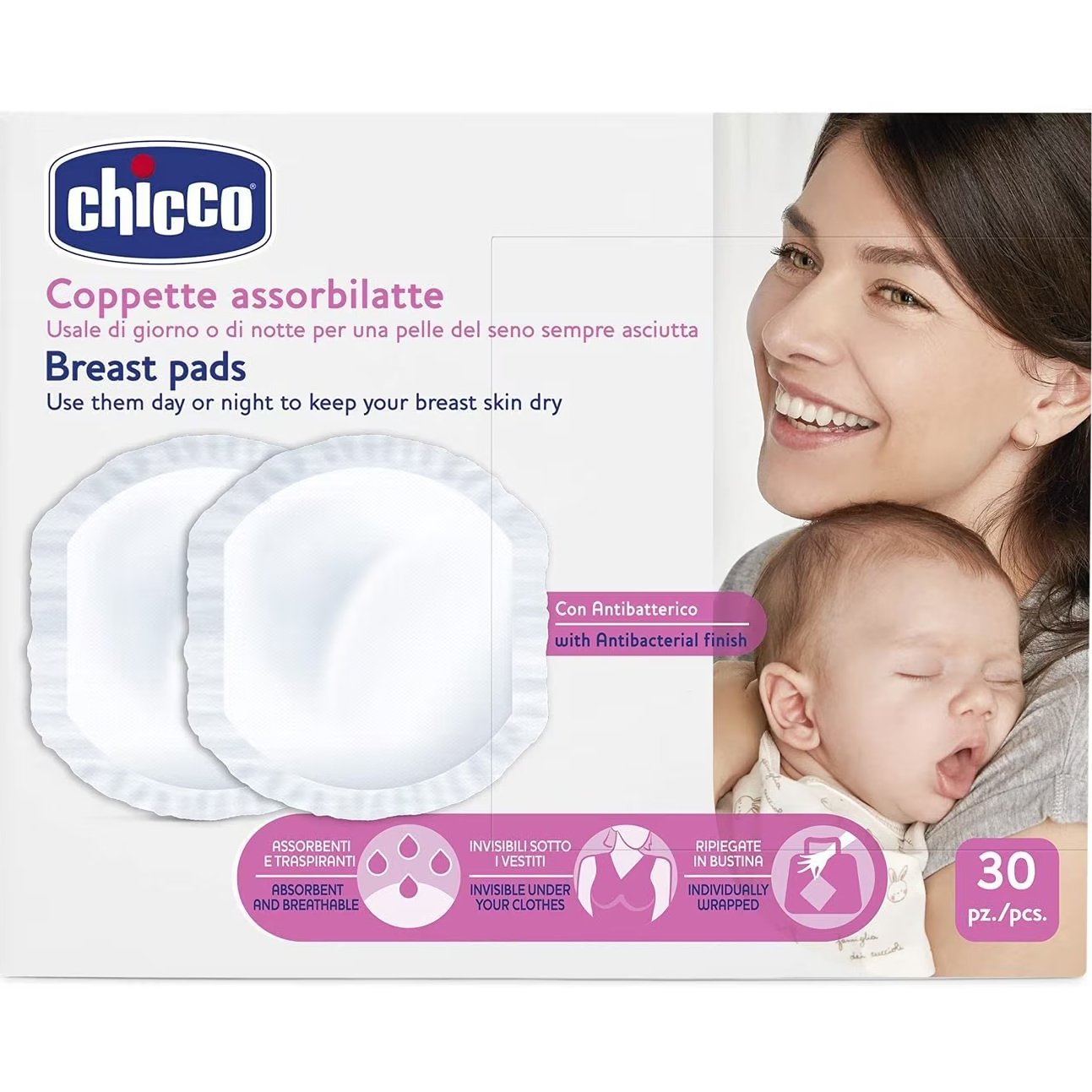 Chicco Breast Pads with Antibacterial Fabric Αντιβακτηριδιακά Επιθέματα Στήθους για την Αντιμετώπιση των Διαρροών του Γάλακτος Ανάμεσα στα Γεύματα 30 Τεμάχια