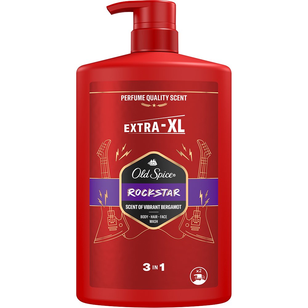 Old Spice Rockstar 3 in 1 Shower Gel & Shampoo Ανδρικό Αφρόλουτρο - Σαμπουάν με Άρωμα Μεγάλης Διάρκειας από Κίτρο, με Έντονο Περγαμόντο & Τραγανό Μήλο σε Συνδυασμό με Αρώματα Ξύλου με Αντλία 1L