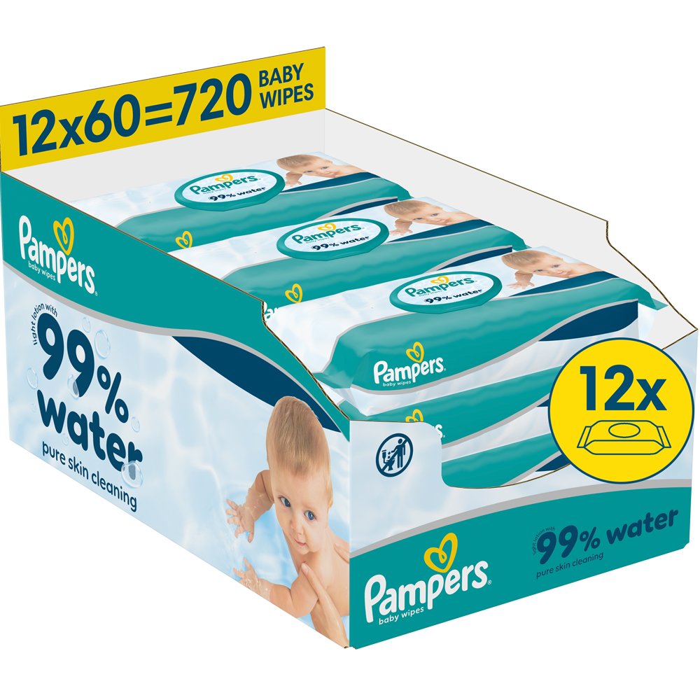 Pampers 99% Water Baby Wipes Μωρομάντηλα με 99% Νερό & Ήπια Λοσιόν για Αποτελεσματικό Καθαρισμό & Προστασία της Ευαίσθητης Επιδερμίδας με Καπάκι 720 Τεμάχια (12x60 Τεμάχια)