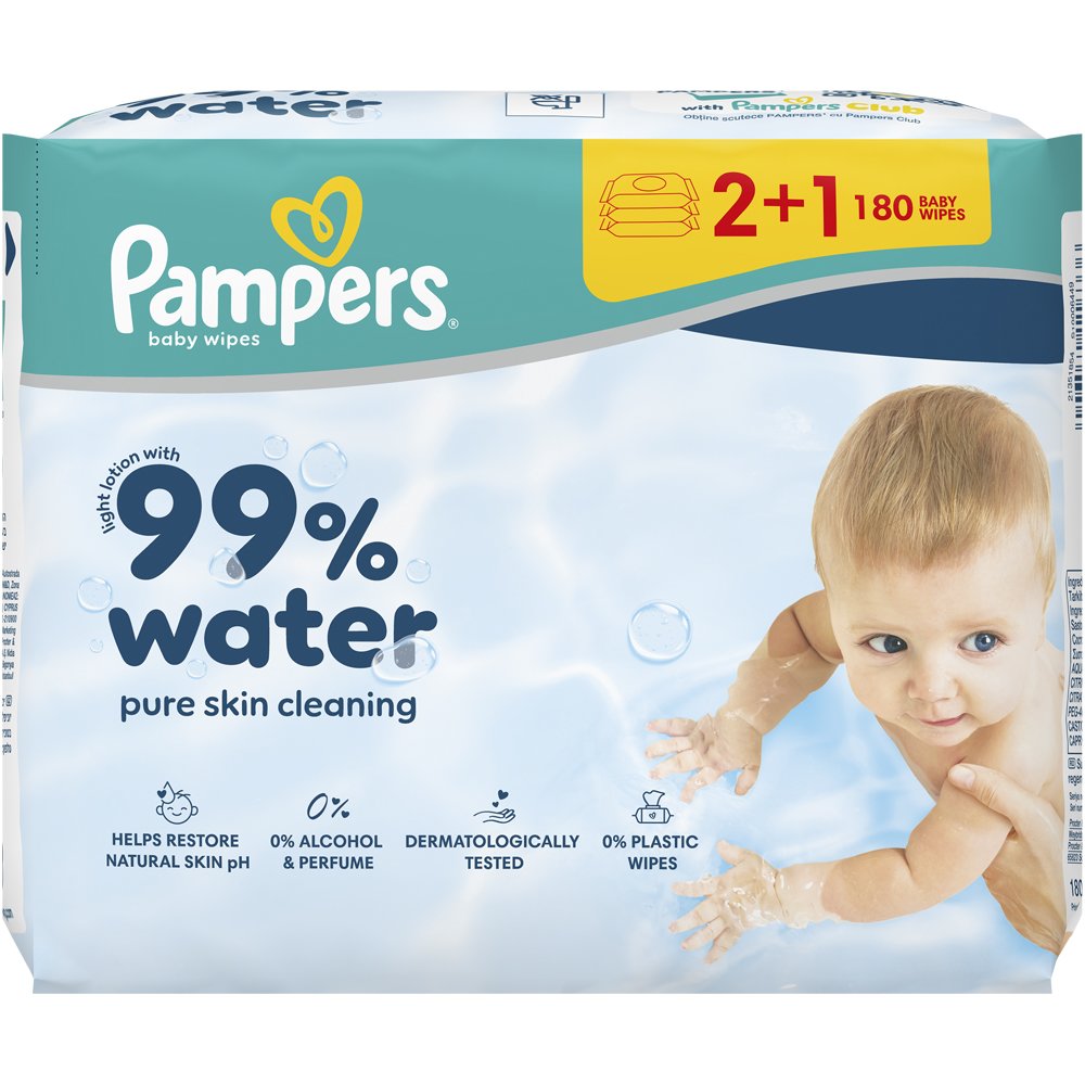 Pampers 99% Water Baby Wipes Μωρομάντηλα με 99% Νερό & Ήπια Λοσιόν για Αποτελεσματικό Καθαρισμό & Προστασία της Ευαίσθητης Επιδερμίδας με Καπάκι 180 Τεμάχια (3x60 Τεμάχια)