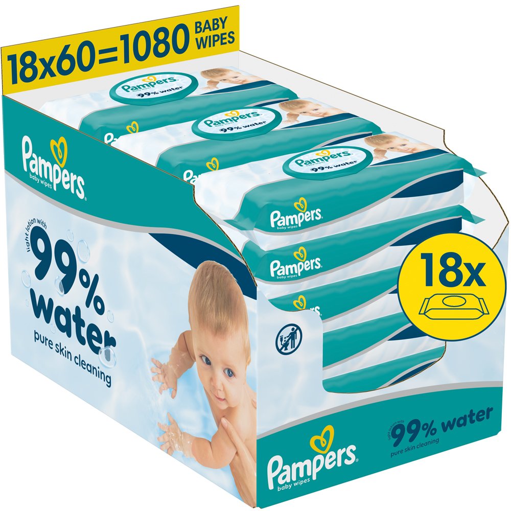 Pampers 99% Water Baby Wipes Μωρομάντηλα με 99% Νερό & Ήπια Λοσιόν για Αποτελεσματικό Καθαρισμό & Προστασία της Ευαίσθητης Επιδερμίδας με Καπάκι 1080 Τεμάχια (18x60 Τεμάχια)