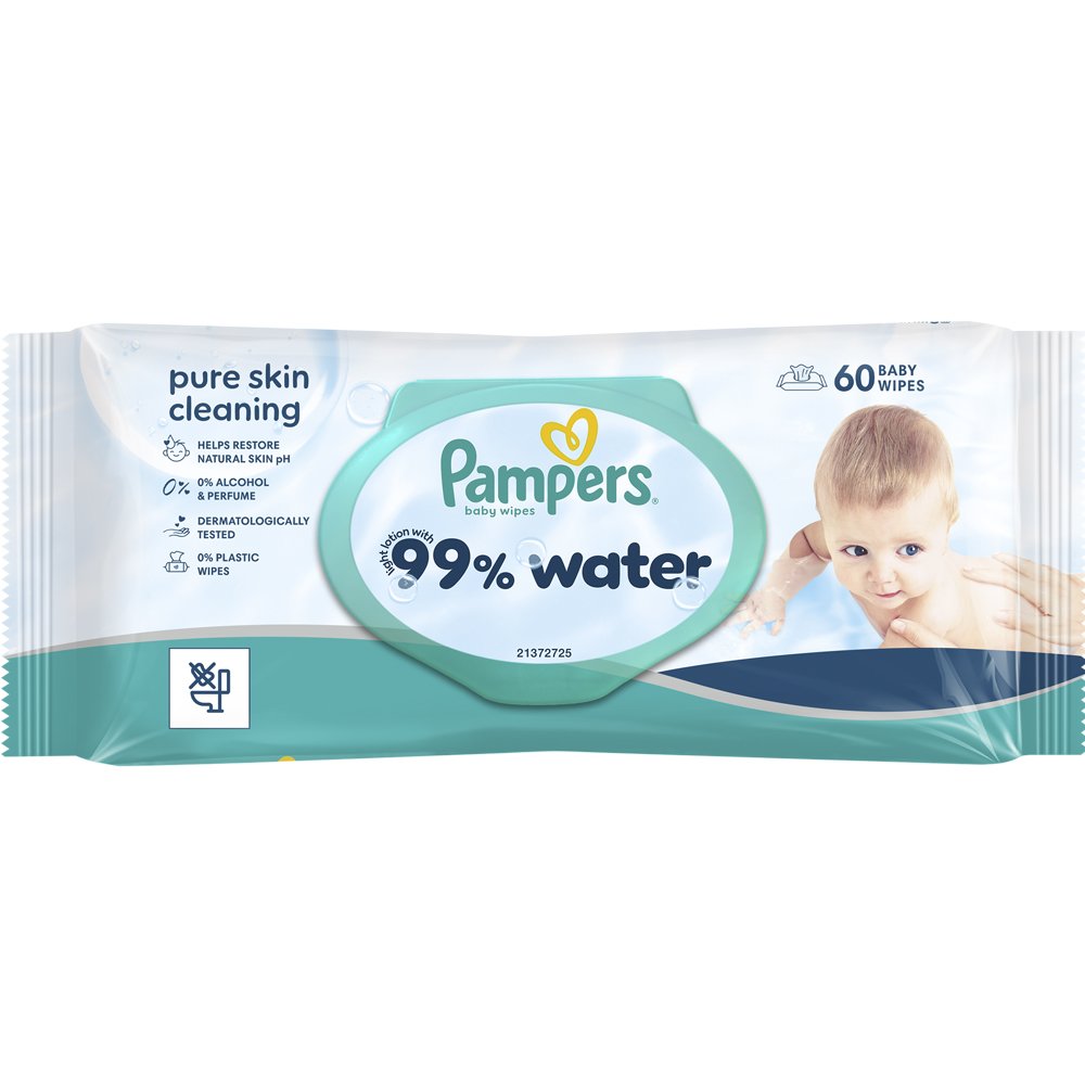 Pampers 99% Water Baby Wipes Μωρομάντηλα με 99% Νερό & Ήπια Λοσιόν για Αποτελεσματικό Καθαρισμό & Προστασία της Ευαίσθητης Επιδερμίδας με Καπάκι 60 Τεμάχια