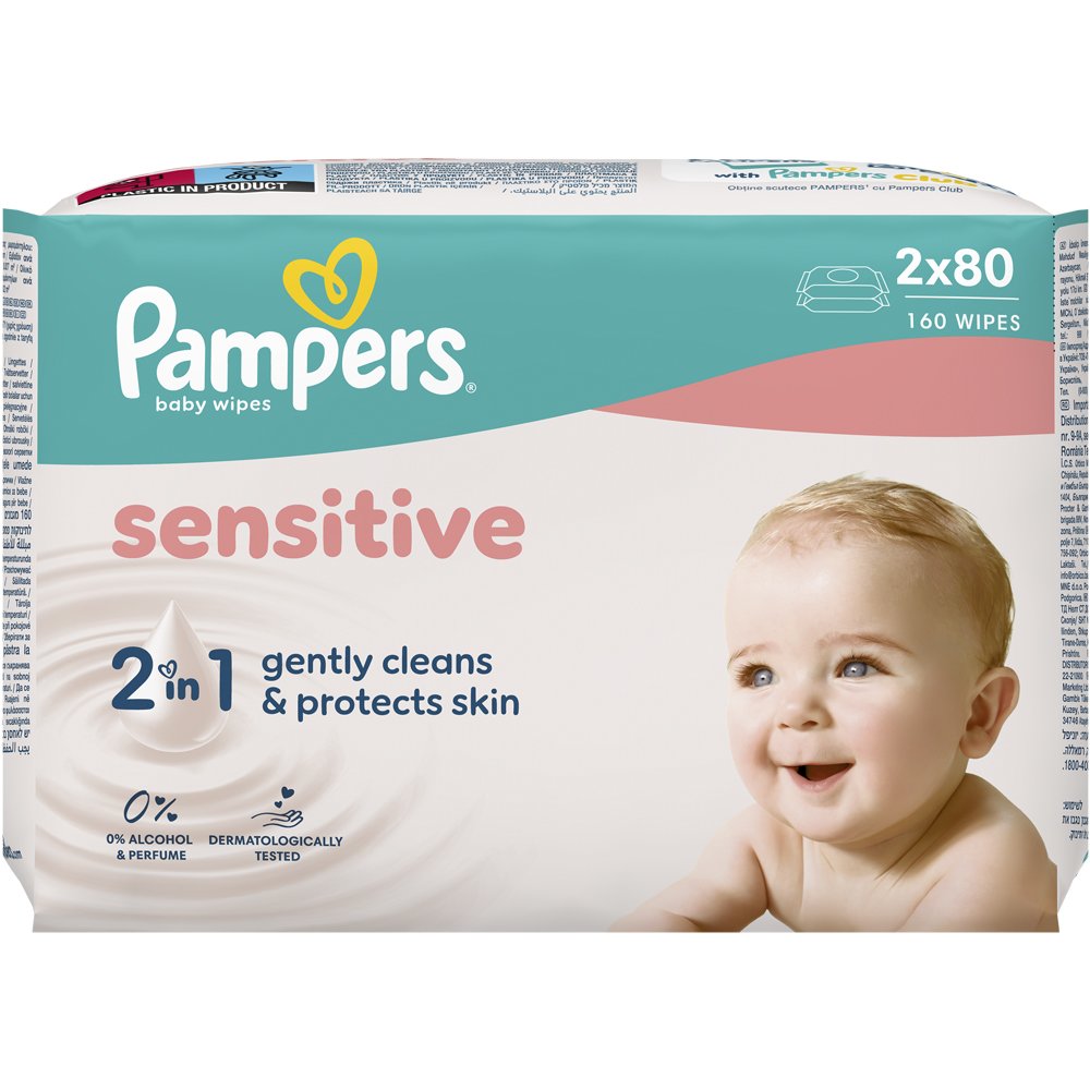 Pampers Sensitive Baby Wipes Απαλά Μωρομάντηλα που Καθαρίζουν & Προστατεύουν το Ευαίσθητο Βρεφικό Δέρμα 160 Τεμάχια (2x80 Τεμάχια)
