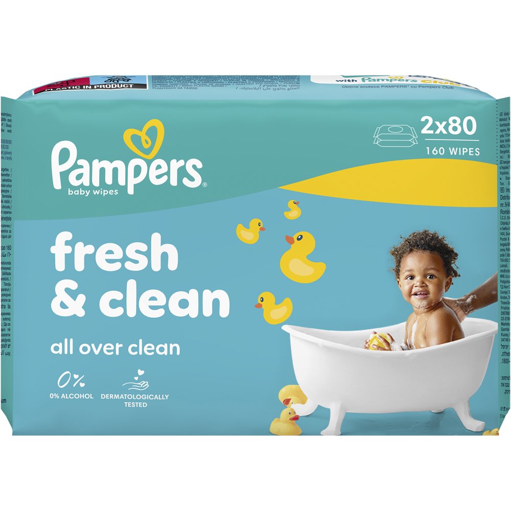 Pampers Fresh & Clean Wet Wipes Μωρομάτηλα για Απαλό Καθημερινό Καθαρισμό Κατάλληλα για Χρήση σε Χέρια & Πρόσωπο 160 Τεμάχια (2x80 Τεμάχια)