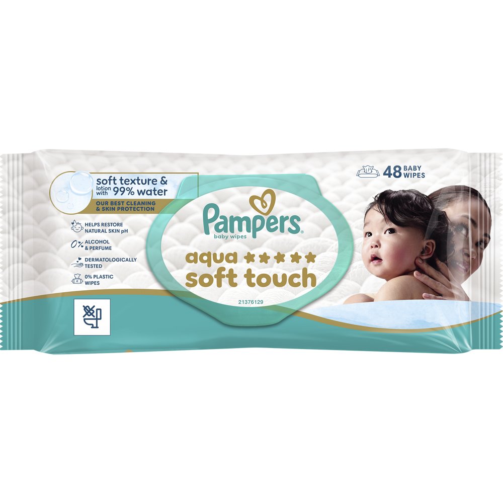 Pampers Aqua Soft Touch Baby Wipes Απαλά Μωρομάντηλα με Ανάγλυφη Υφή για Αποτελεσματικό Καθαρισμό & Προστασία της Ευαίσθητης Επιδερμίδας με Καπάκι 48 Τεμάχια
