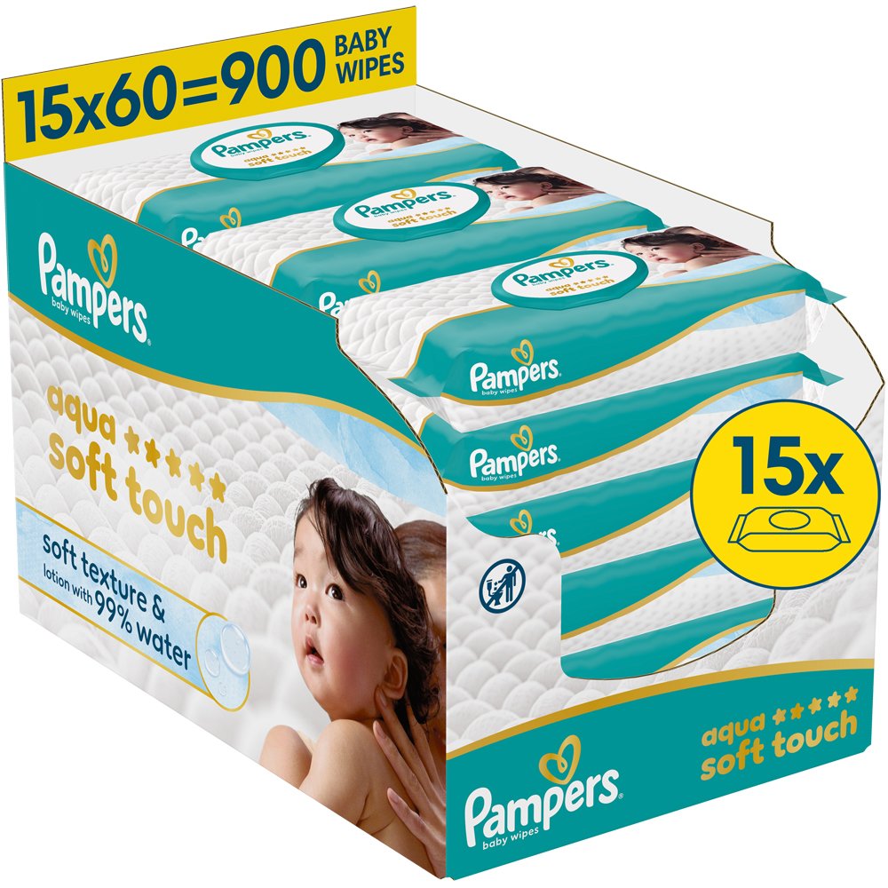 Pampers Aqua Soft Touch Baby Wipes Απαλά Μωρομάντηλα με Ανάγλυφη Υφή για Αποτελεσματικό Καθαρισμό & Προστασία της Ευαίσθητης Επιδερμίδας με Καπάκι 900 Τεμάχια (15x60 Τεμάχια)