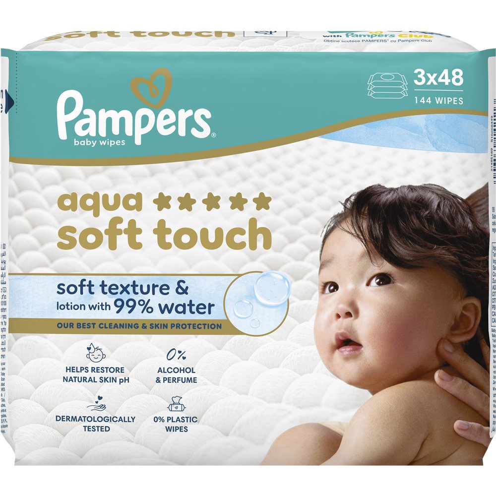 Pampers Aqua Soft Touch Baby Wipes Απαλά Μωρομάντηλα με Ανάγλυφη Υφή για Αποτελεσματικό Καθαρισμό & Προστασία της Ευαίσθητης Επιδερμίδας με Καπάκι 144 Τεμάχια (3x48 Τεμάχια)
