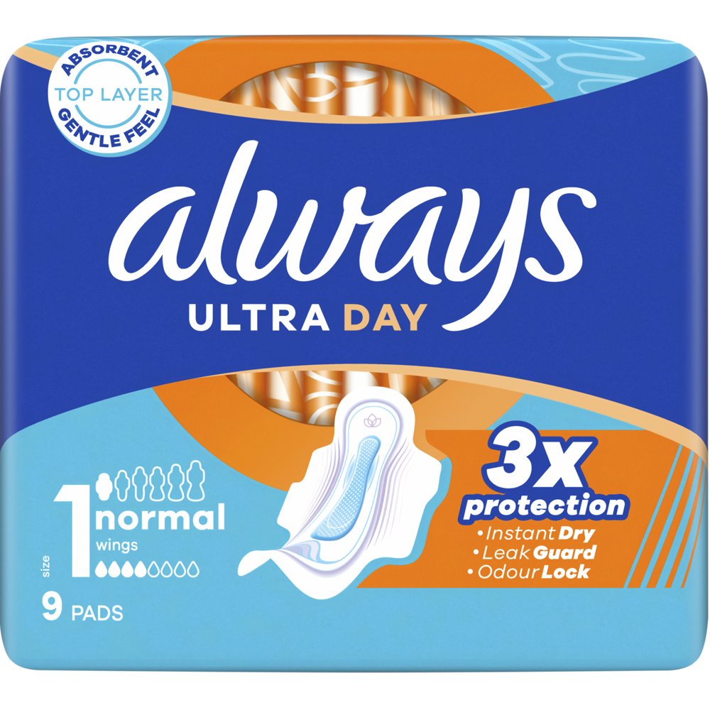 Always Ultra Day Normal Sanitary Towels with Wings Size 1 Σερβιέτες Κανονικού Μεγέθους με Φτερά για Άμεση Απορρόφηση & Εξουδετέρωση Οσμών 9 Τεμάχια