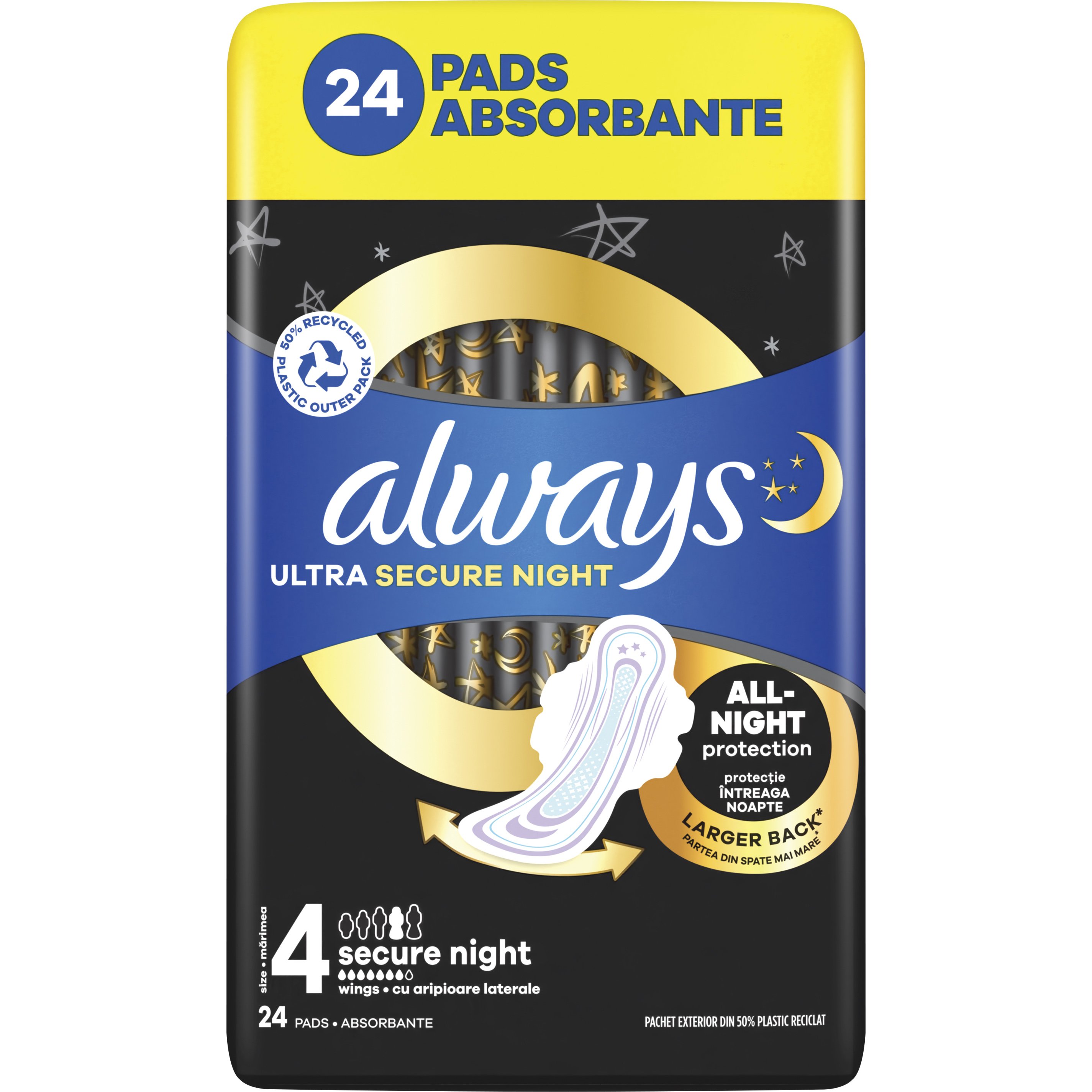 Always Ultra Secure Night Sanitary Towels with Wings Size 4 Σερβιέτες με Φτερά για Προστασία Κατά τη Διάρκεια της Νύχτας 24 Τεμάχια