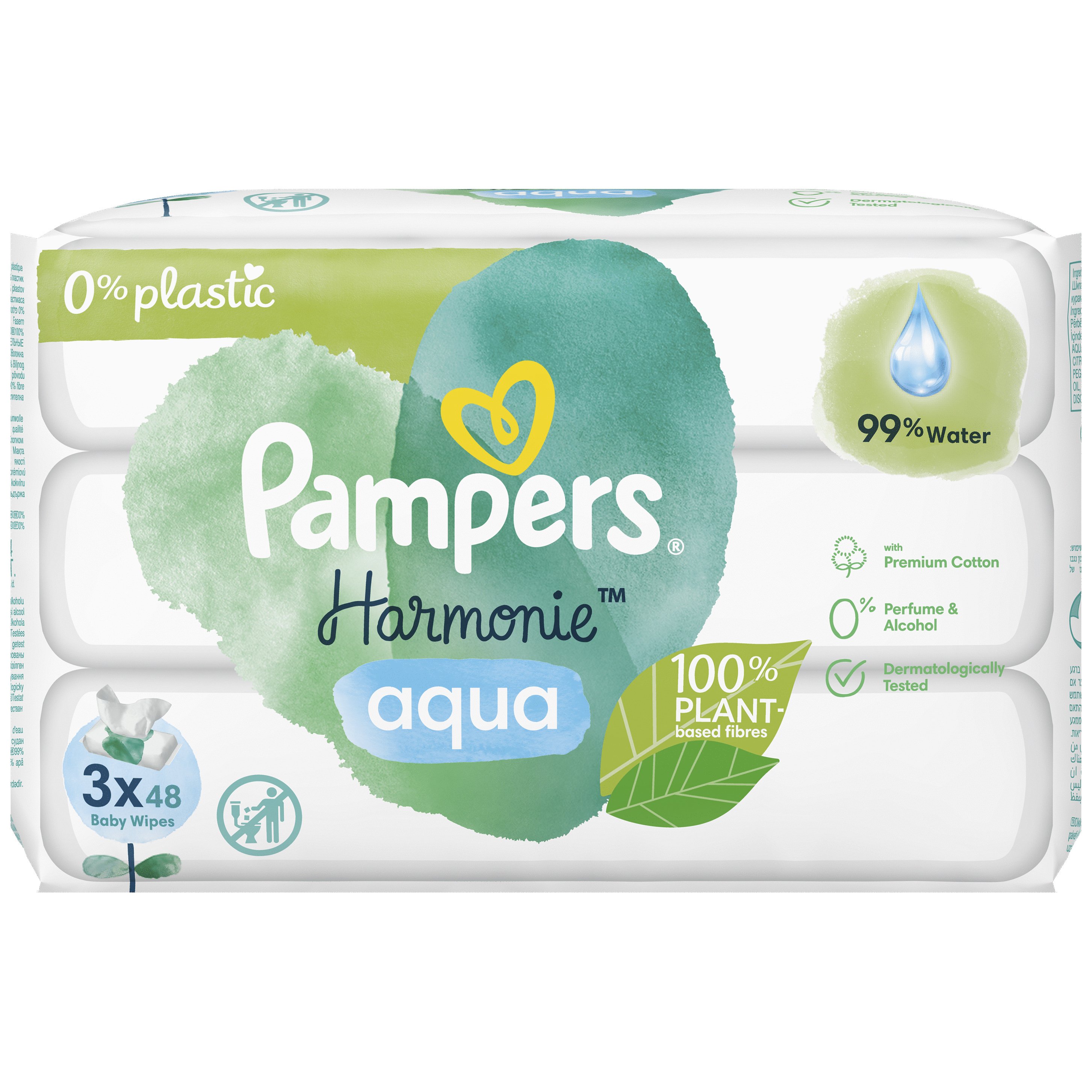 Pampers Harmonie Aqua Baby Wipes Απαλά Βρεφικά Μωρομάντηλα από 99% Νερό, για την Ευαίσθητη Επιδερμίδα 3×48 Τεμάχια