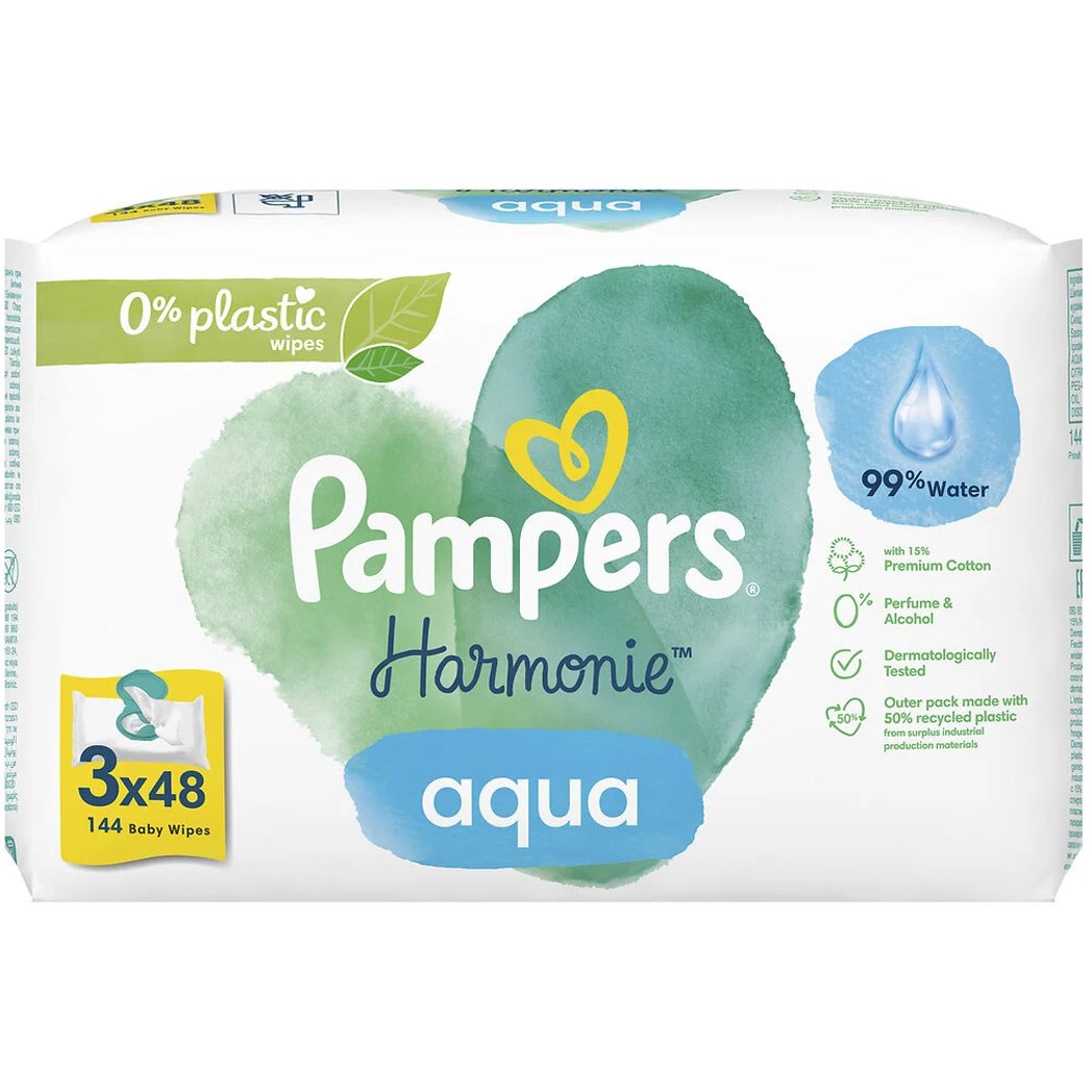 Pampers Pampers Harmonie Aqua Baby Wipes Απαλά Βρεφικά Μωρομάντηλα από 99% Νερό, για την Ευαίσθητη Επιδερμίδα​​​​​​​ 144 Τεμάχια (3x48 Τεμάχια)