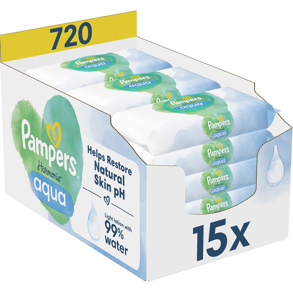 Pampers Pampers Aqua Harmonie Monthly Pack Baby Wipes Μωρομάντηλα από 99% Νερό, Κατάλληλα για την Ευαίσθητη Βρεφική Επιδερμίδα με Καπάκι 720 Τεμάχια (15x48 Τεμάχια)