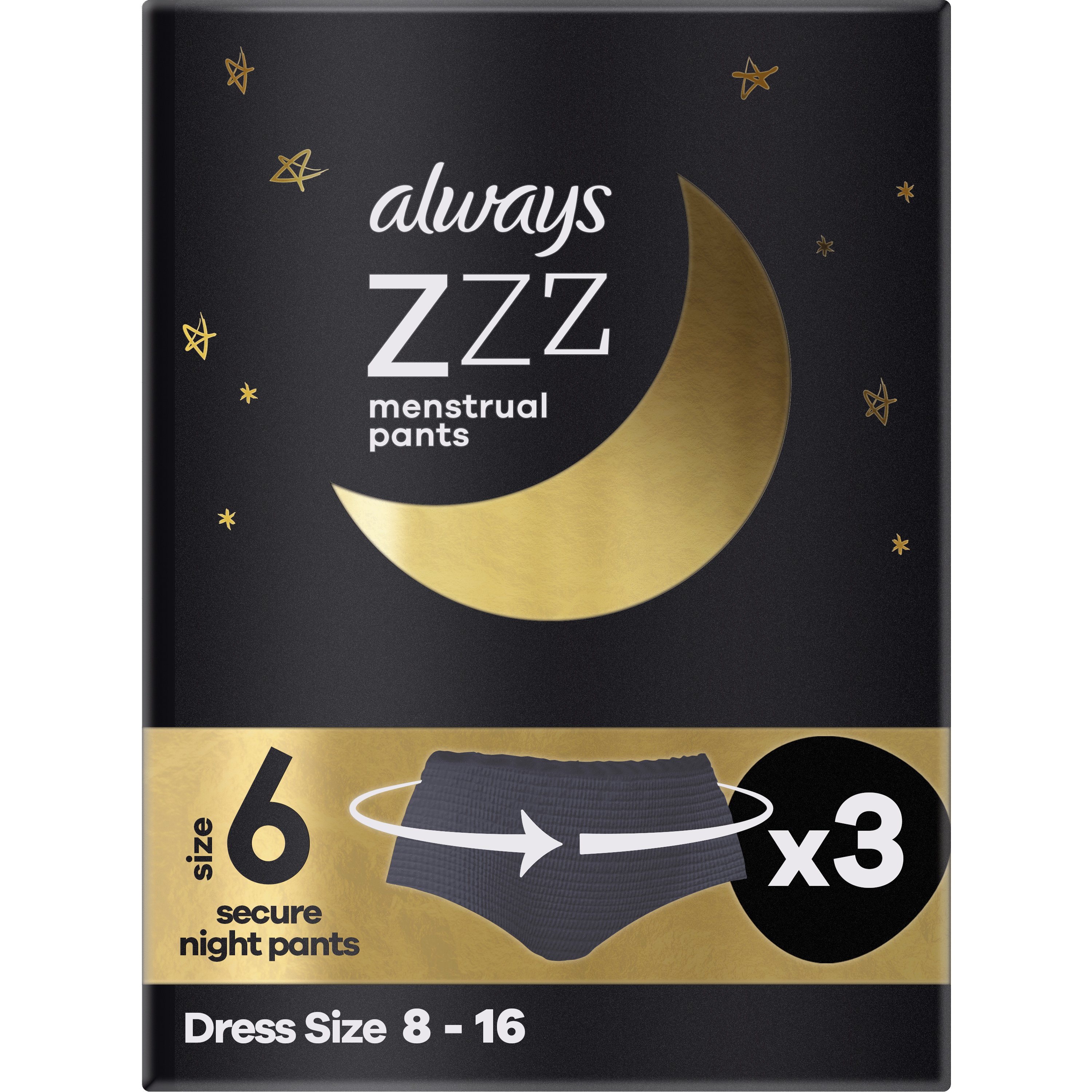 Always ZZZ Menstrual 360° Overnight Disposable Period Underwear Pants Γυναικεία Μαύρα Εσώρουχα Περιόδου Νυχτός μιας Χρήσης 3 Τεμάχια – Size 6