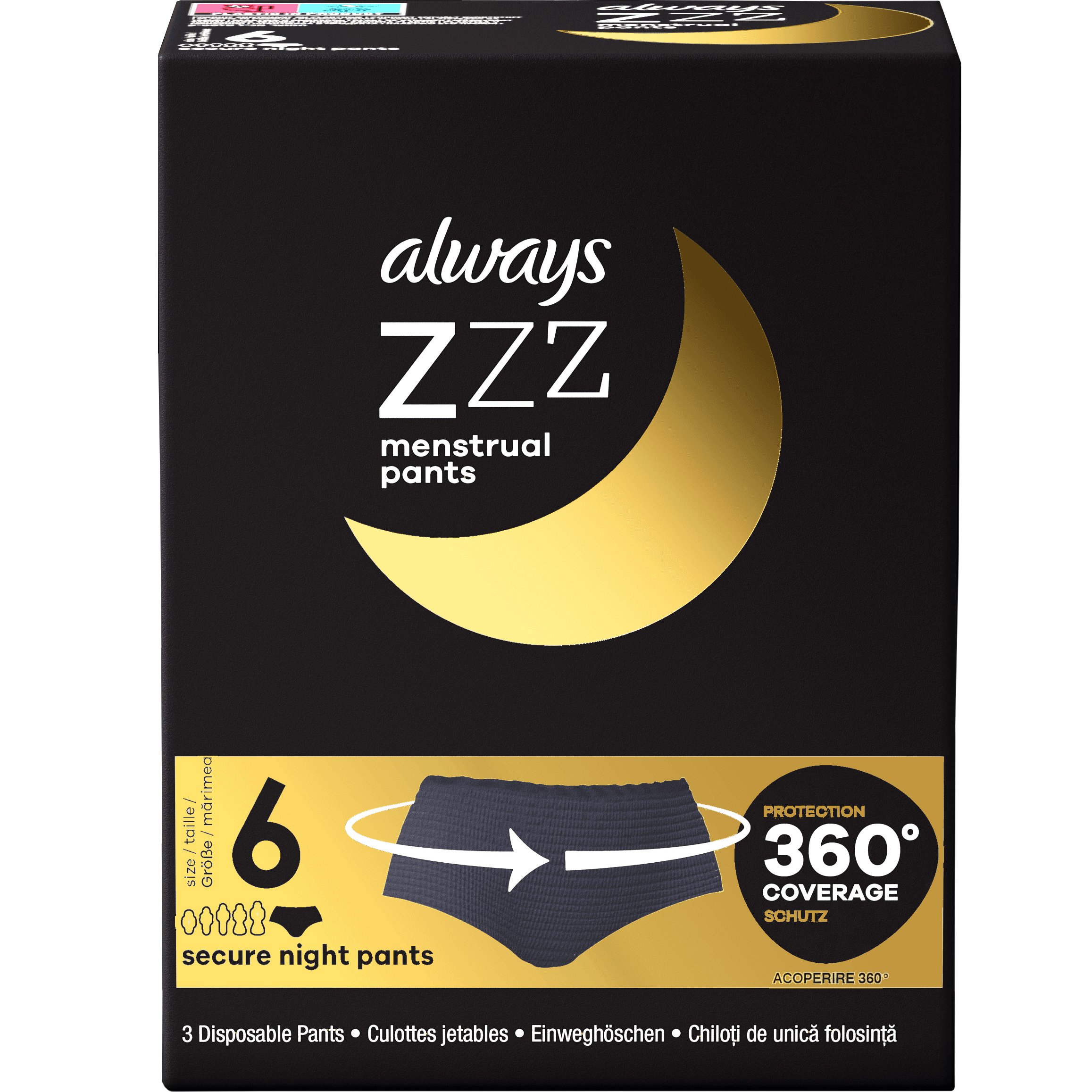 Always ZZZ Menstrual 360° Overnight Disposable Period Underwear Pants Γυναικεία Μαύρα Εσώρουχα Περιόδου Νυχτός μιας Χρήσης 3 Τεμάχια – Size 6