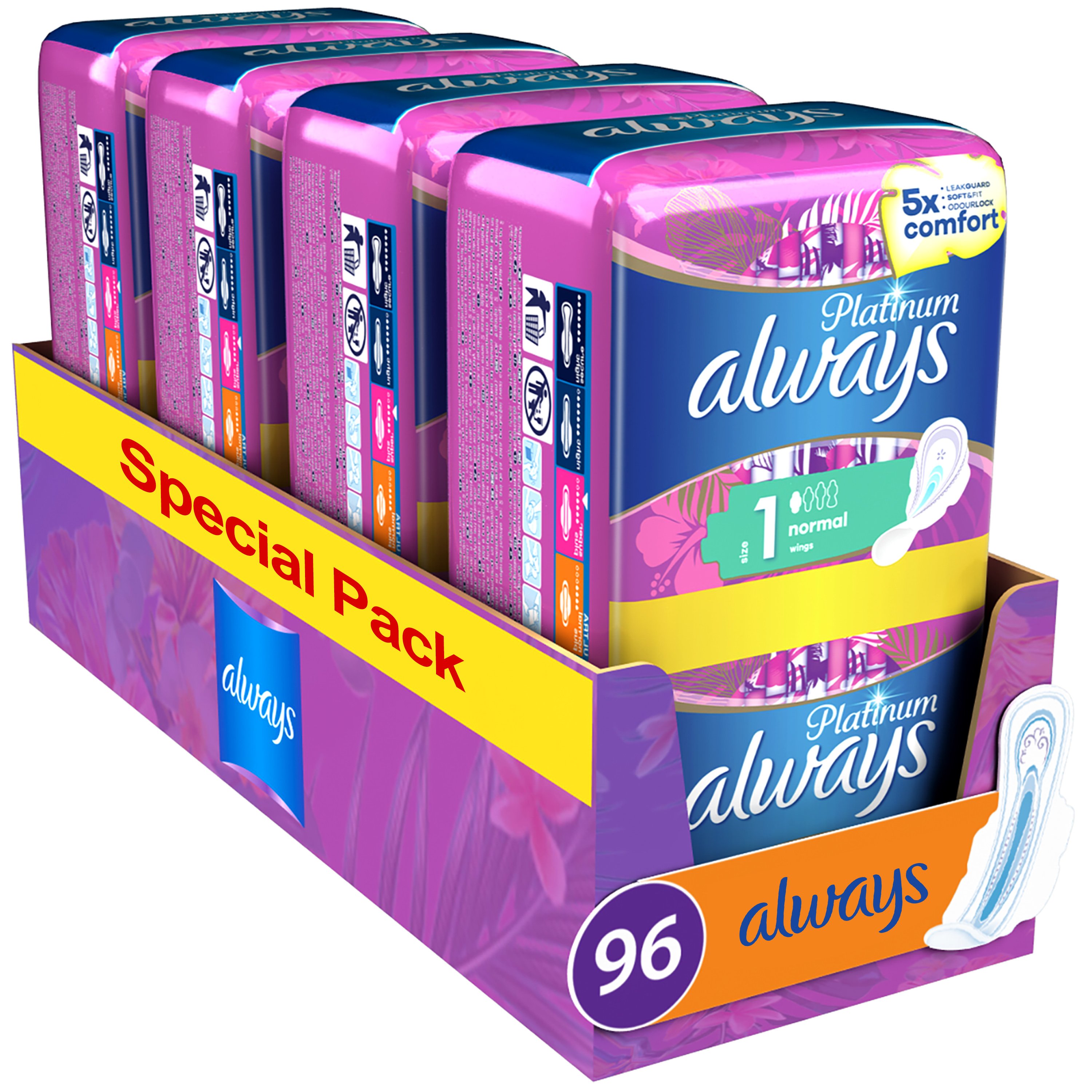 Always Promo Multi-Pack Platinum Normal Sanitary Towels with Wings Σερβιέτες με Φτερά για Πενταπλάσια Άνεση & Προστασία Size 1, 96 Τεμάχια