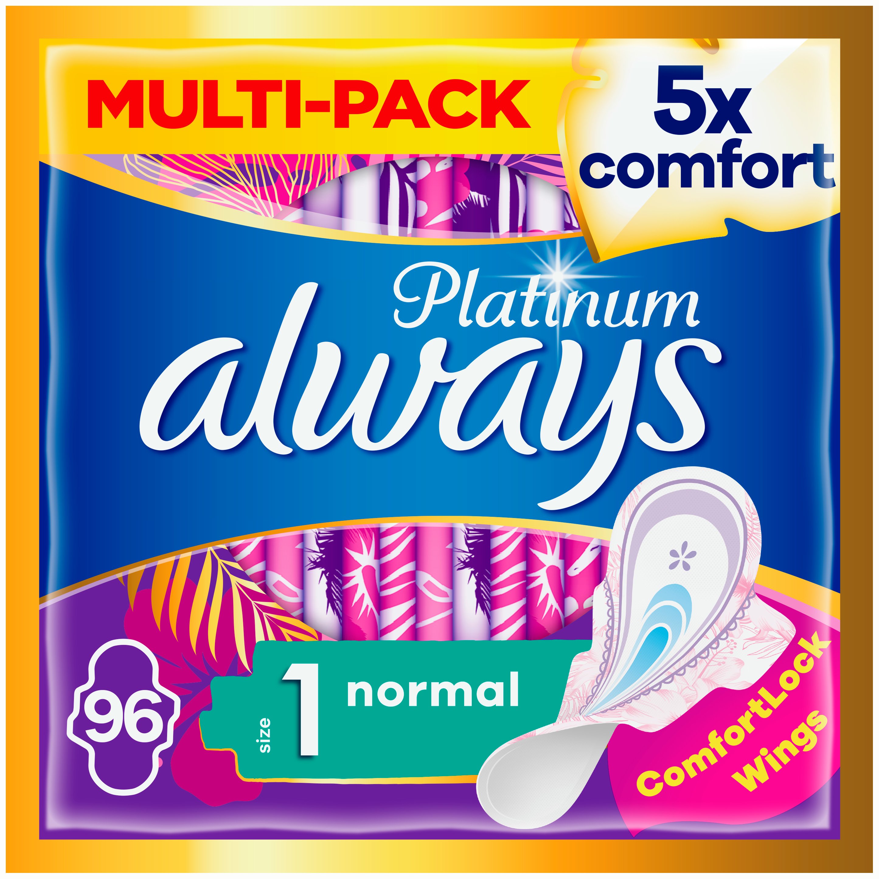 Always Promo Multi-Pack Platinum Normal Sanitary Towels with Wings Σερβιέτες με Φτερά για Πενταπλάσια Άνεση & Προστασία Size 1, 96 Τεμάχια