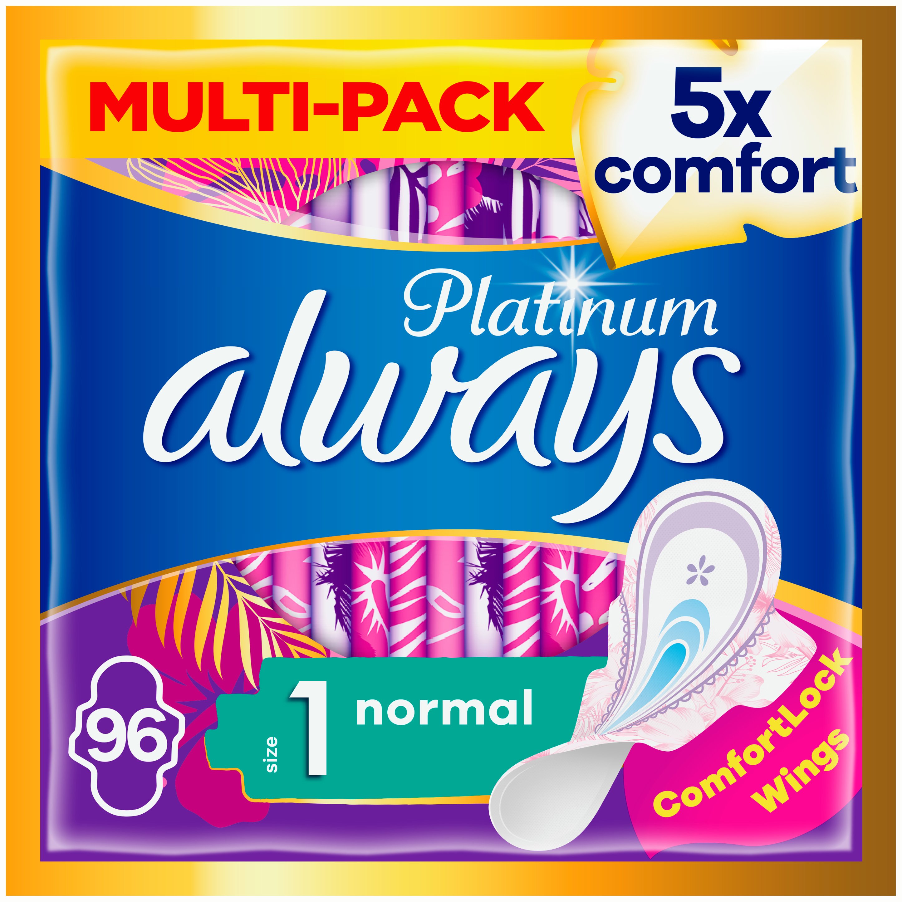 Always Promo Multi-Pack Platinum Normal Sanitary Towels with Wings Σερβιέτες με Φτερά για Πενταπλάσια Άνεση & Προστασία Size 1, 96 Τεμάχια