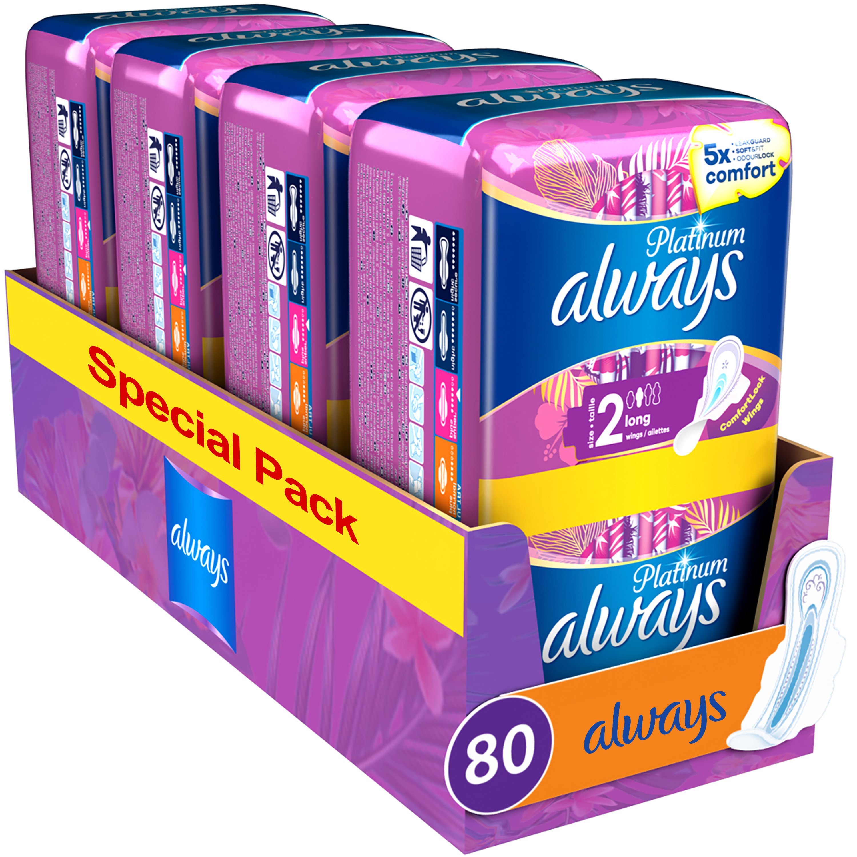 Always Promo Multi-Pack Platinum Long Sanitary Towels With Wings Σερβιέτες με Φτερά & Μεγαλύτερο Μήκος για Πενταπλάσια Άνεση & Προστασία Size 2, 80 Τεμάχια