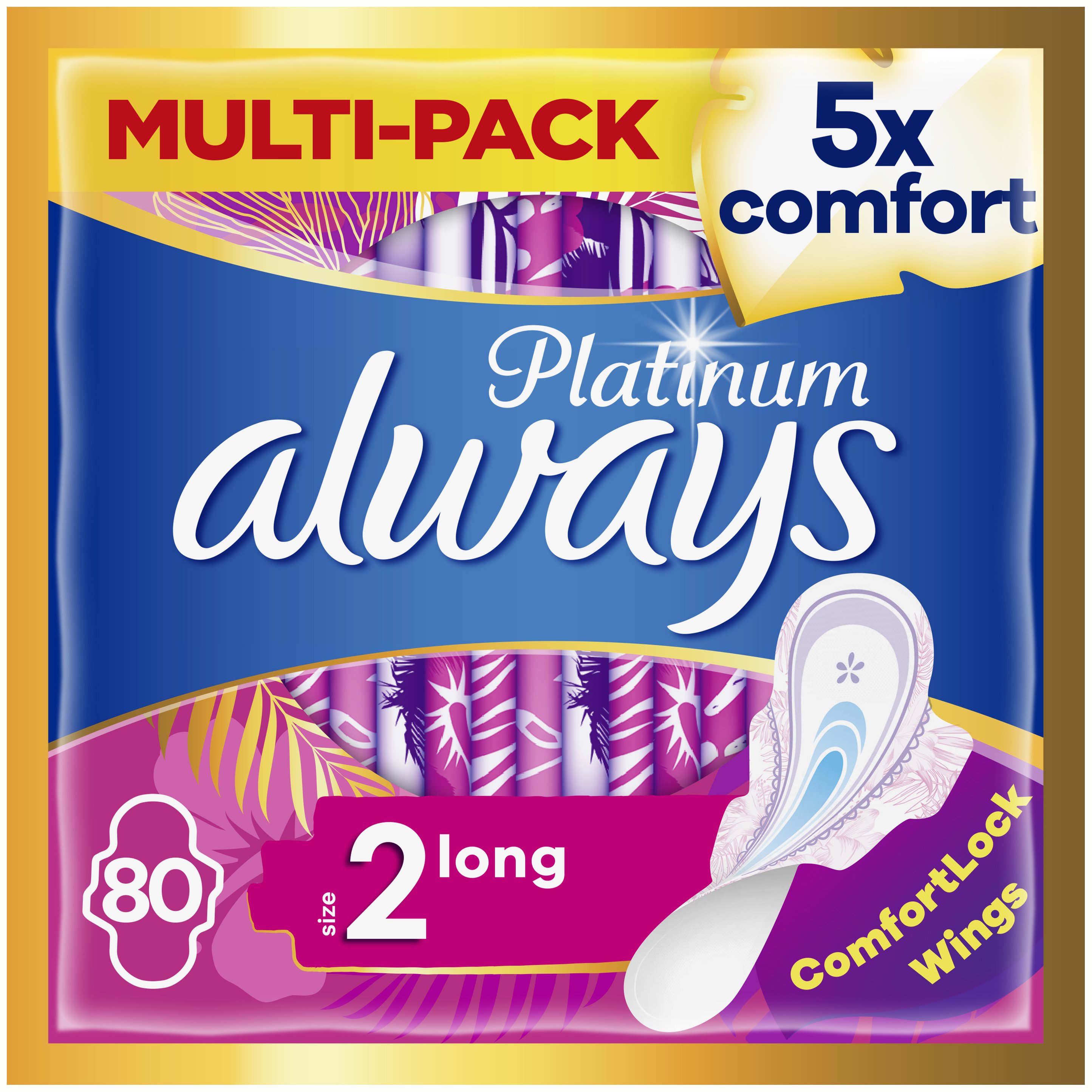 Always Promo Multi-Pack Platinum Long Sanitary Towels With Wings Σερβιέτες με Φτερά & Μεγαλύτερο Μήκος για Πενταπλάσια Άνεση & Προστασία Size 2, 80 Τεμάχια