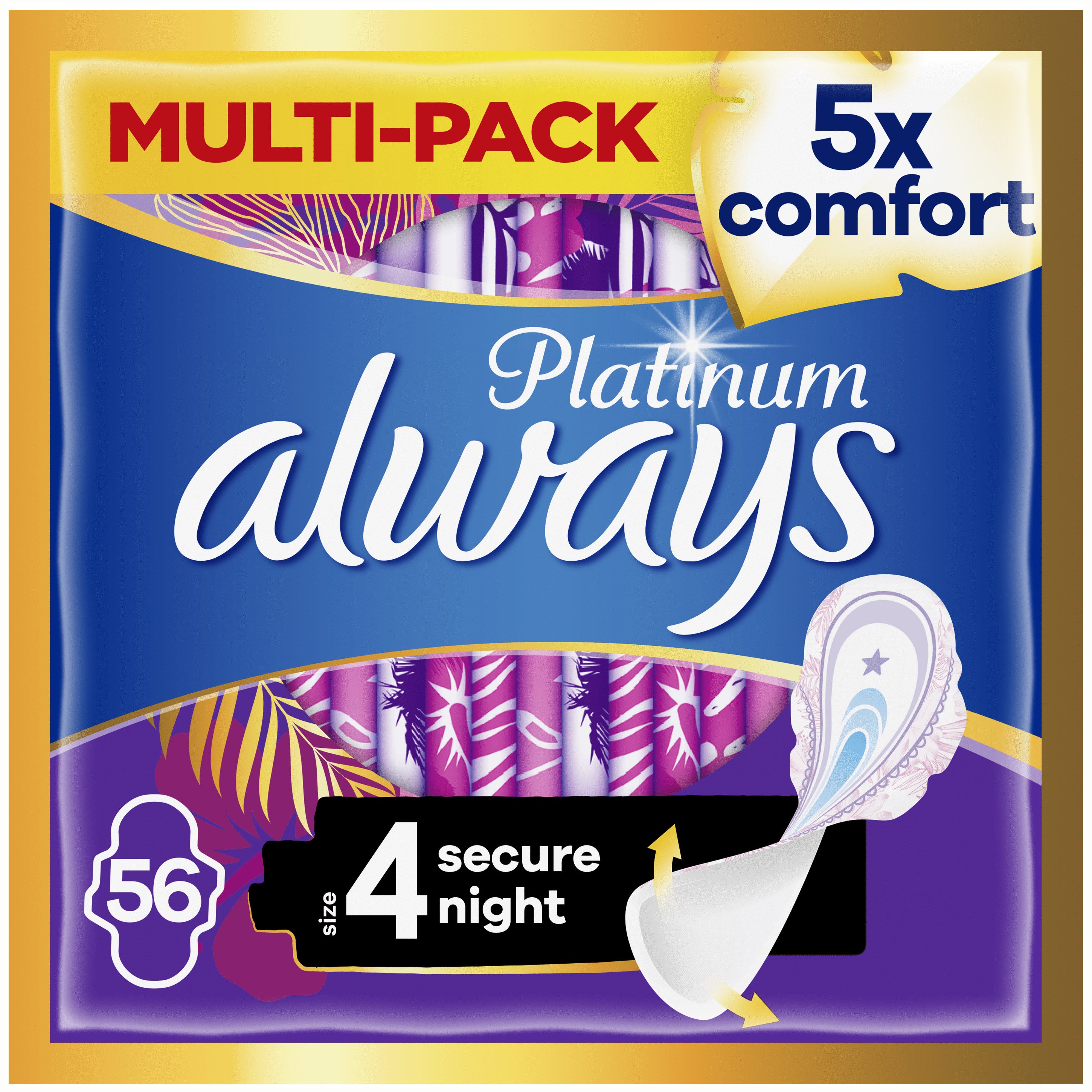 Always Promo Multi-Pack Platinum Secure Night Sanitary Towels with Wings Σερβιέτες με Φτερά για Πενταπλάσια Άνεση & Προστασία τη Νύχτα Size 4, 56 Τεμάχια