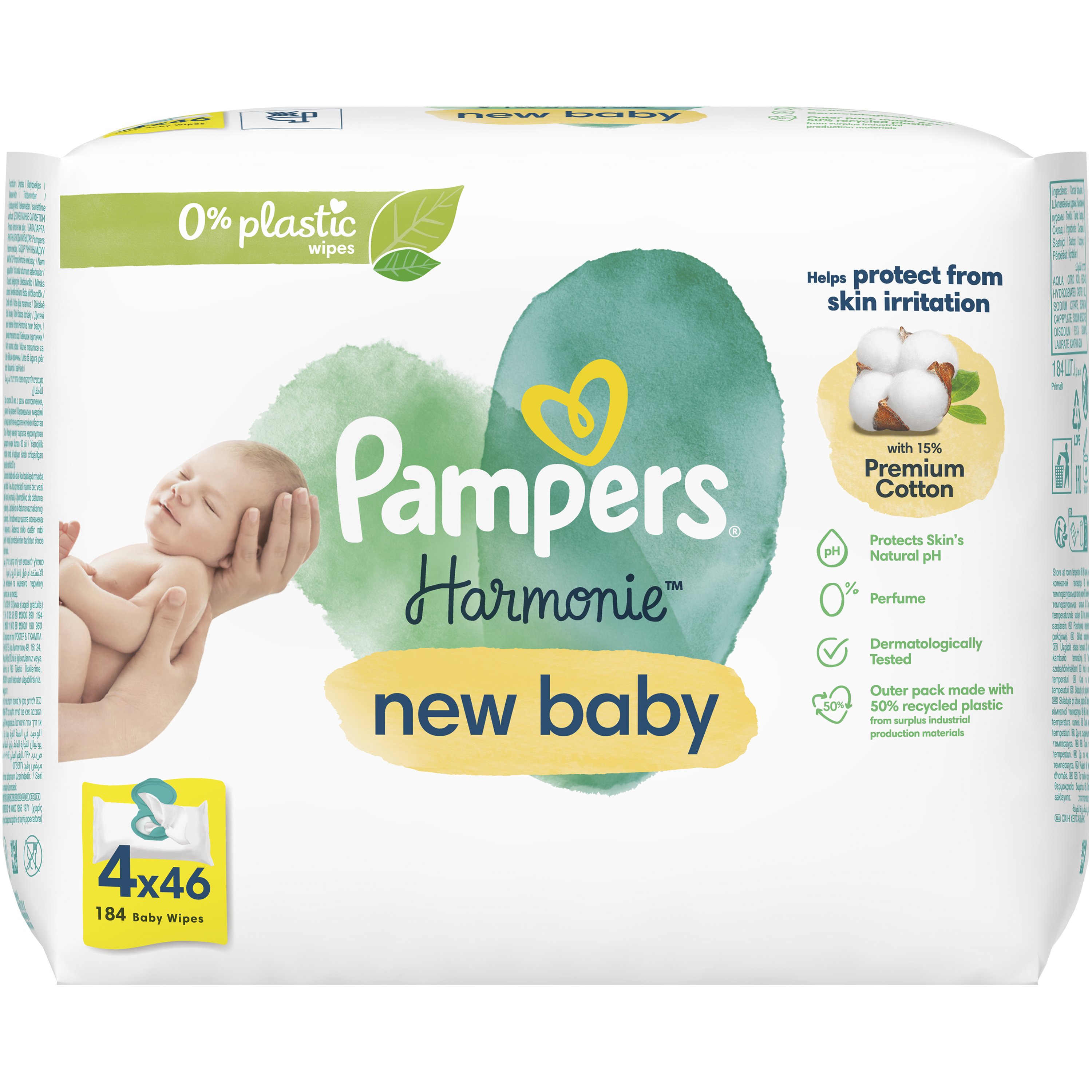 Pampers Harmonie New Baby Wipes Απαλά Υγρά Μαντηλάκια Κατά των Ερεθισμών με Βαμβάκι για Νεογέννητα με Καπάκι 184 Τεμάχια (4×46 Τεμάχια)