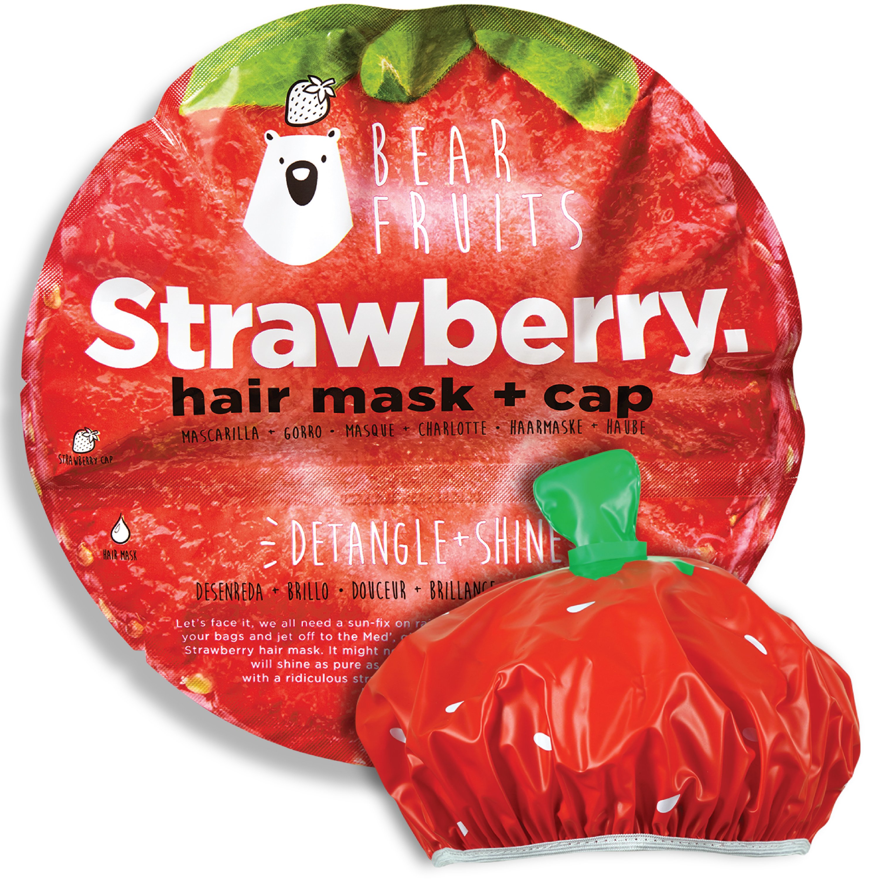 Bear Fruits Strawberry Detangle & Shine Hair Mask Μάσκα Περιποίησης με Εκχύλισμα Φράουλας για Ευκολοχτένιστα & Λαμπερά Μαλλιά 20ml & Σκουφάκι Εφαρμογής 1 Τεμάχιο