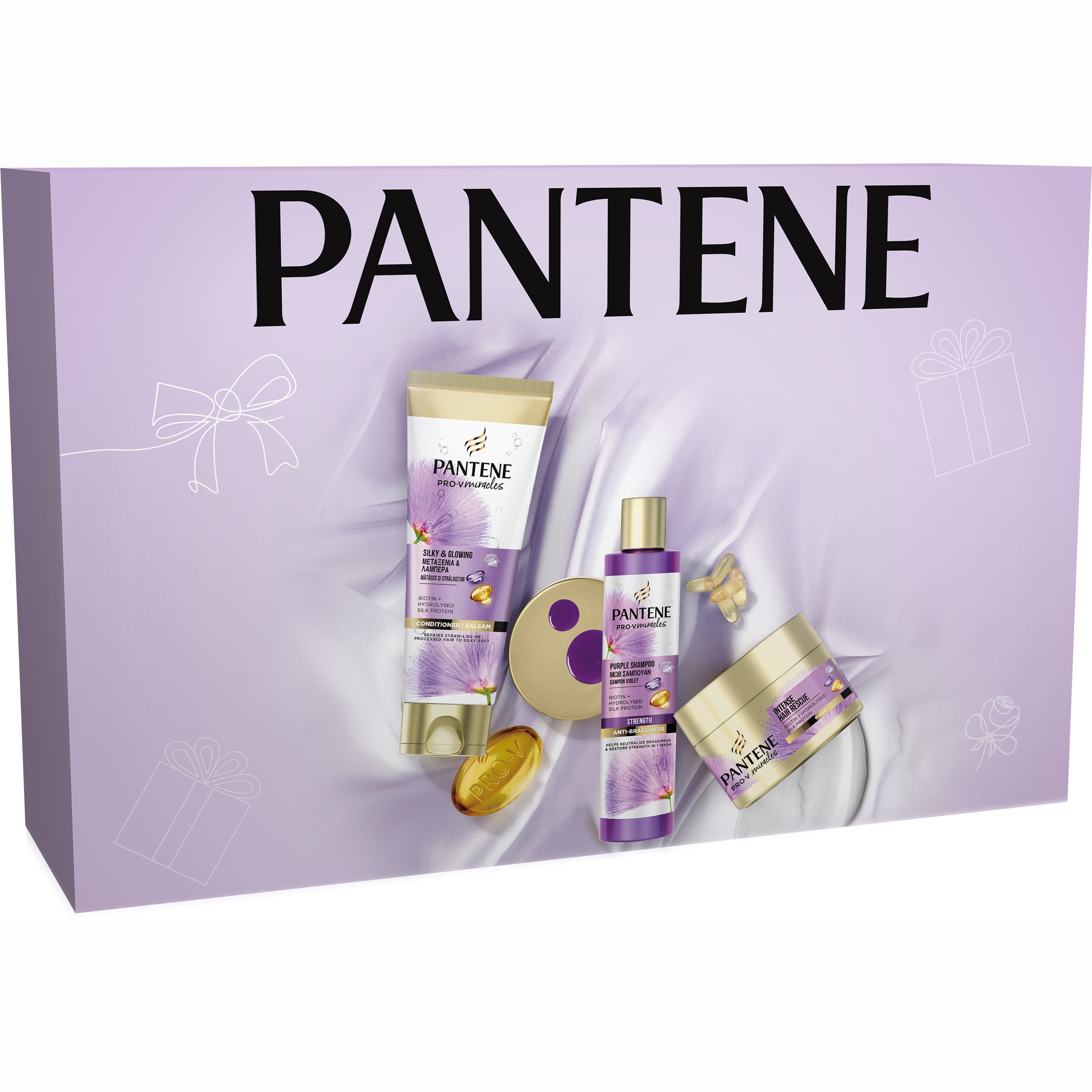 Pantene Promo Set Pro-V Miracles Purple Shampoo 225ml & Silky, Glowing Conditioner 200ml & Intense Hair Rescue Mask 160ml