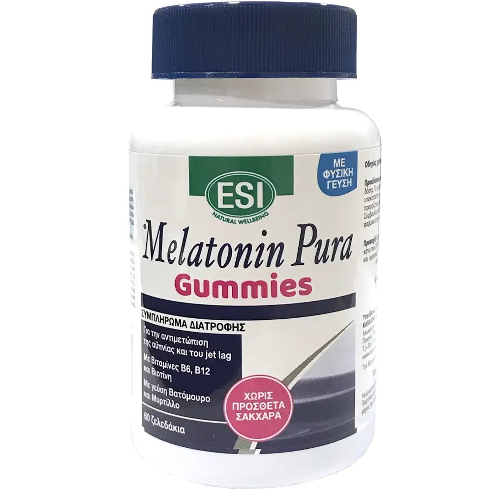 ESI Esi Melatonin Pura Gummies Συμπλήρωμα Διατροφής Μελατονίνης, Εκχυλίσματος Βοτάνων & Βιταμινών για την Αντιμετώπιση της Αϋπνίας, του Jet Lag & Ποιοτικότερο Ύπνο με Φυσική Γεύση 60 Ζελεδάκια