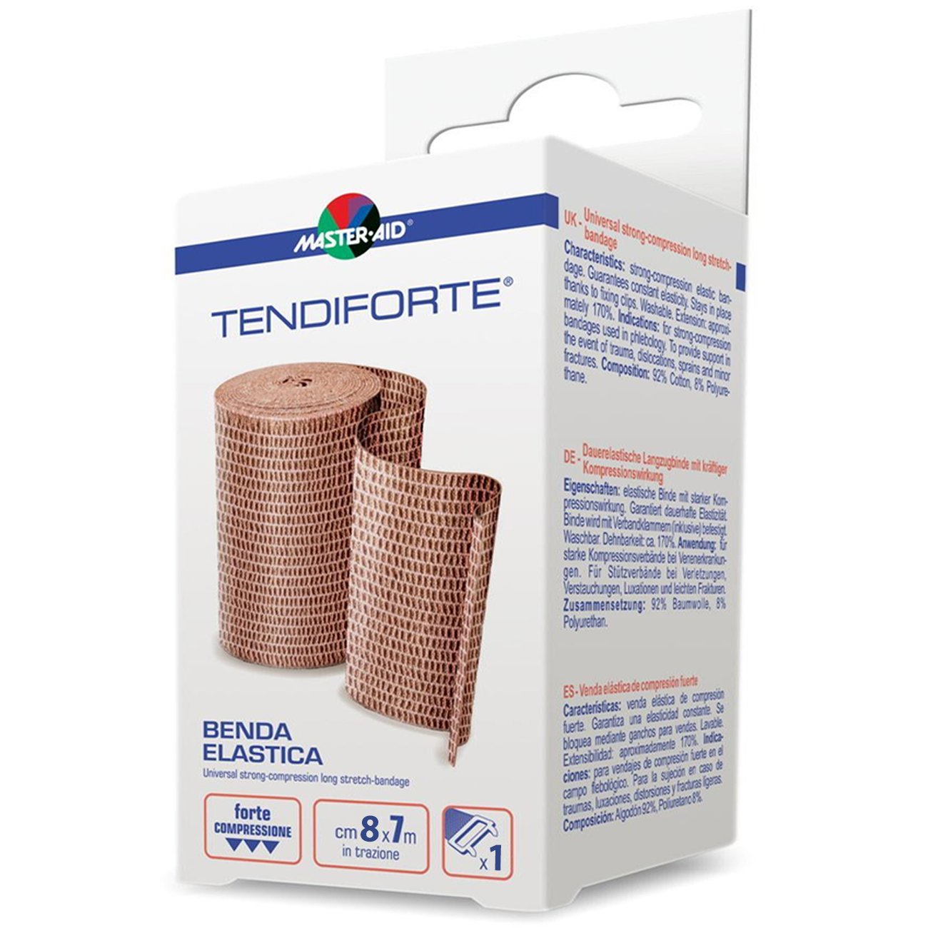 Master Aid Master Aid Tendiforte Benda Elastica Universal Strong-Compression Long Stretch Bandage Ελαστικός Επίδεσμος Ισχυρής Πίεσης με Ειδικό Άγκιστρο 1 Τεμάχιο - 8cm x 7m